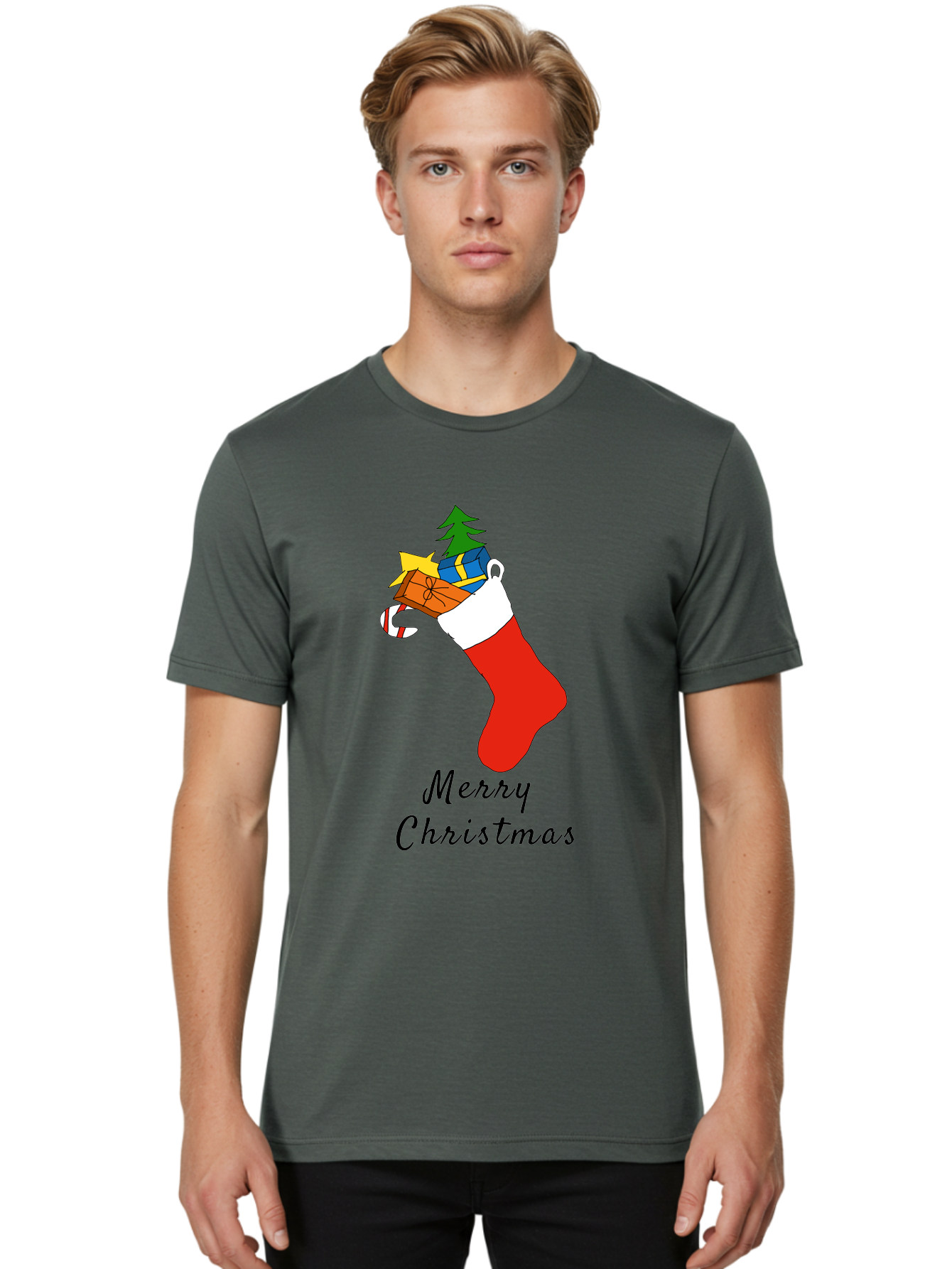 Merry-Christmas-1 Men'S Graphic Tee, 100% Cotton, Comfortable Casual Summer Wear, Machine Washable, Christmas Stocking, Holiday Gifts, Festive Decorations, Christmas Tree, Wrapped Presents, Candy Cane, Merry Christmas Greeting, -  Aaa096