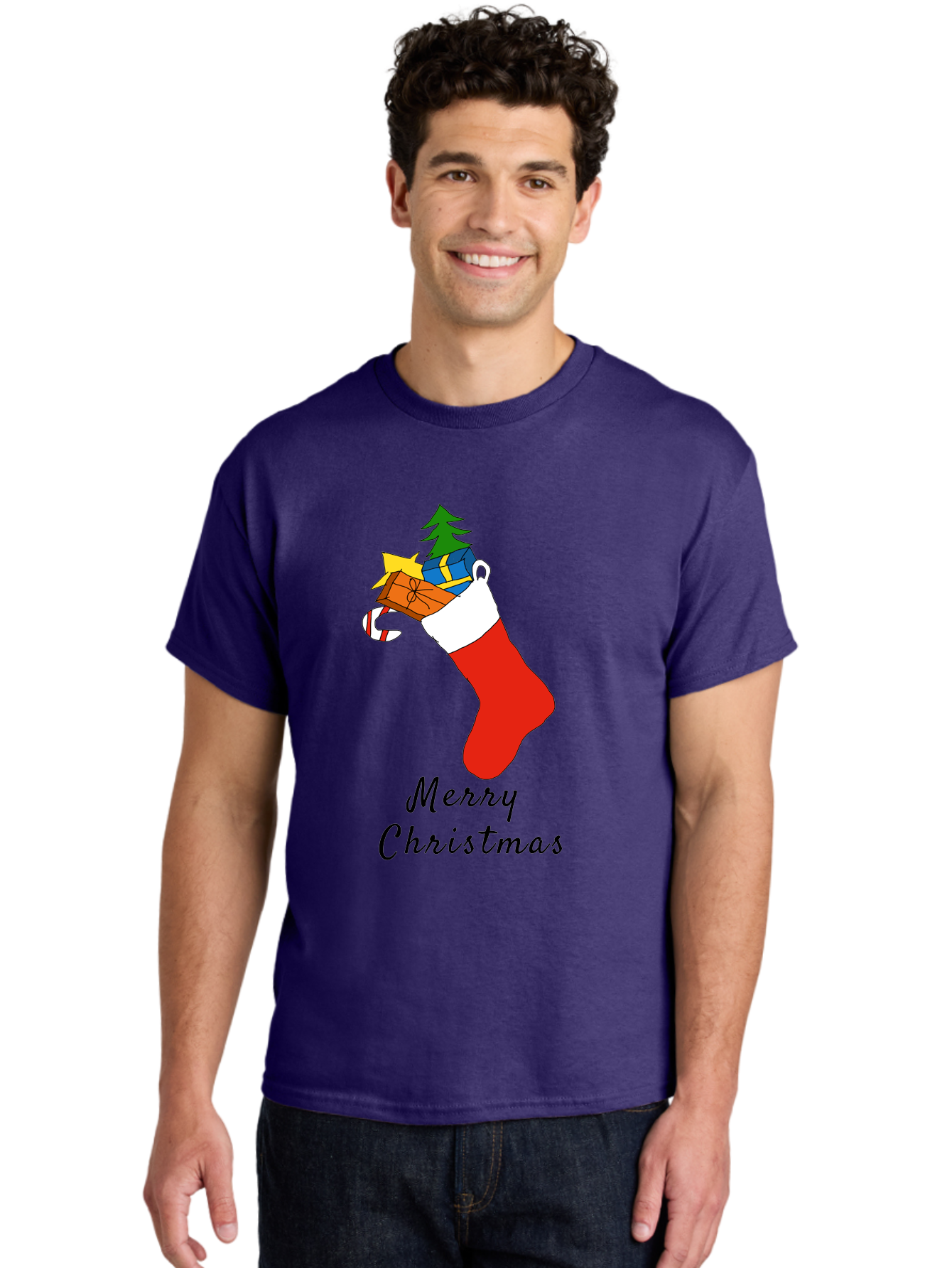 Merry-Christmas-1 Men'S Graphic Tee, 100% Cotton, Comfortable Casual Summer Wear, Machine Washable, Christmas Stocking, Holiday Gifts, Festive Decorations, Christmas Tree, Wrapped Presents, Candy Cane, Merry Christmas Greeting, -  Aaa096