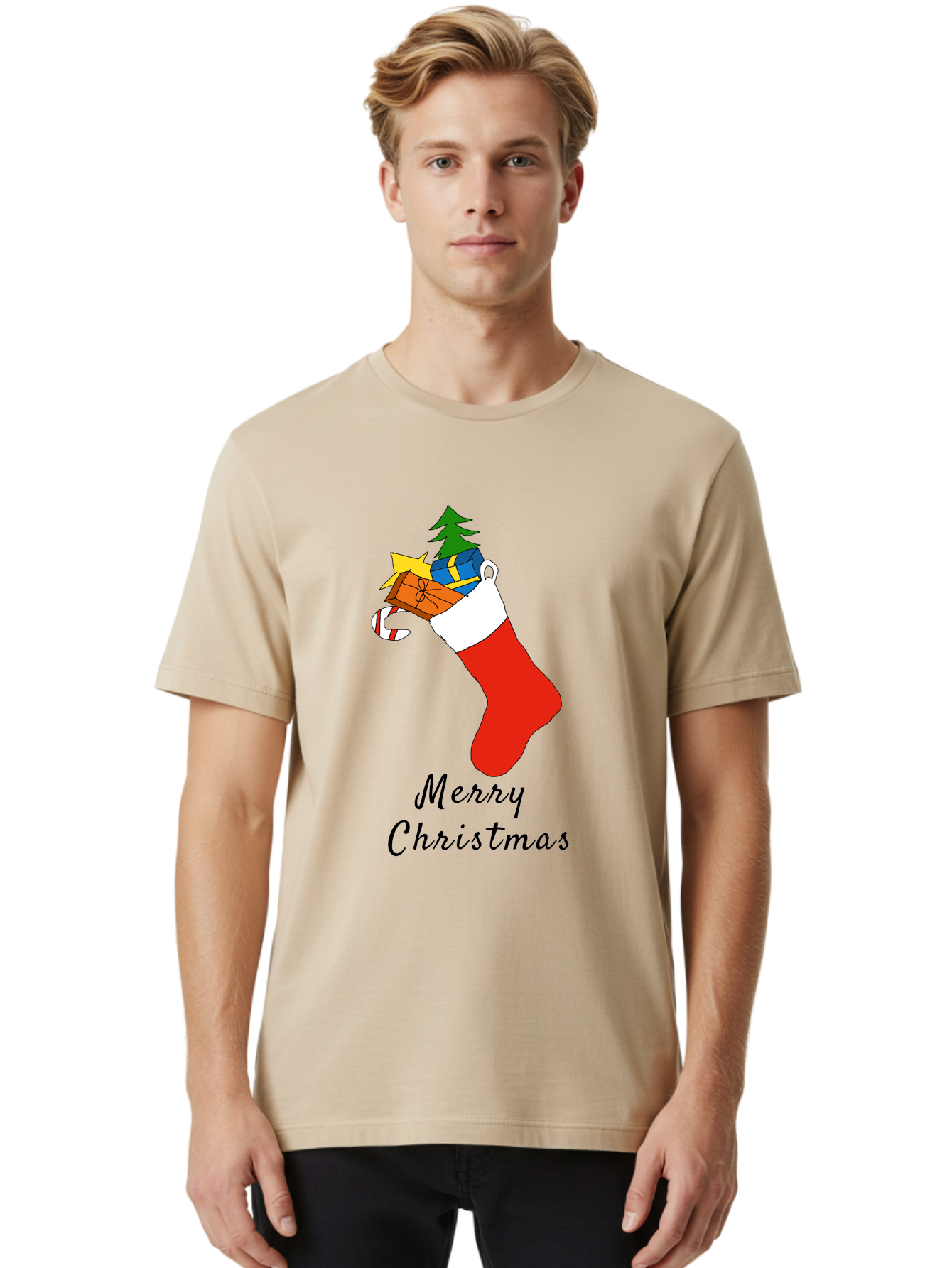 Merry-Christmas-1 Men'S Graphic Tee, 100% Cotton, Comfortable Casual Summer Wear, Machine Washable, Christmas Stocking, Holiday Gifts, Festive Decorations, Christmas Tree, Wrapped Presents, Candy Cane, Merry Christmas Greeting, -  Aaa096