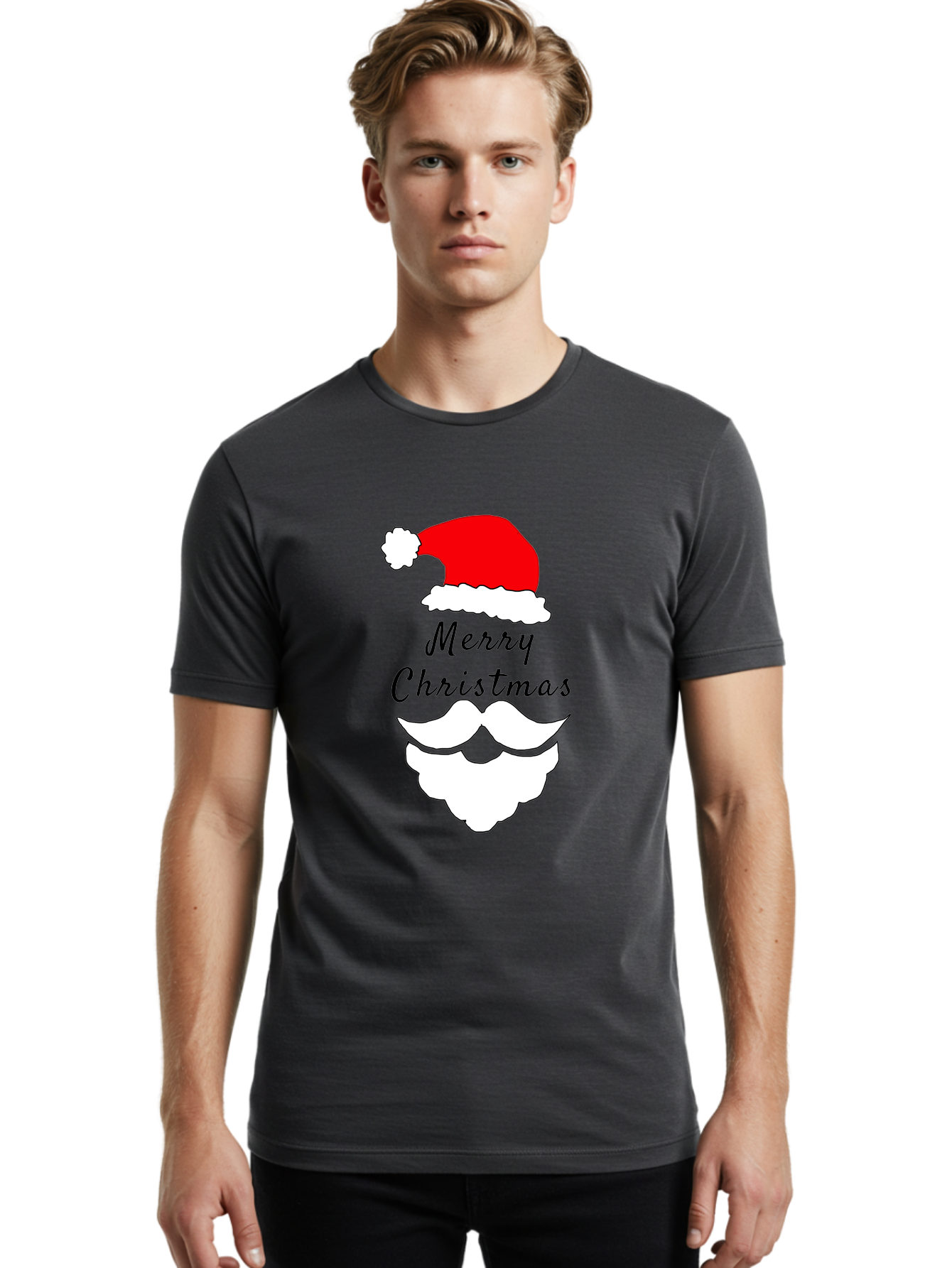 Merry-Christmas Men'S Graphic Tee, 100% Cotton, Comfortable Casual Summer Wear, Machine Washable, Merry Christmas, Santa Hat, White Beard, Festive Season, Holiday Greeting, Christmas Wishes, Jolly Old Saint Nick, Winter Wonderland, -  Aaa097