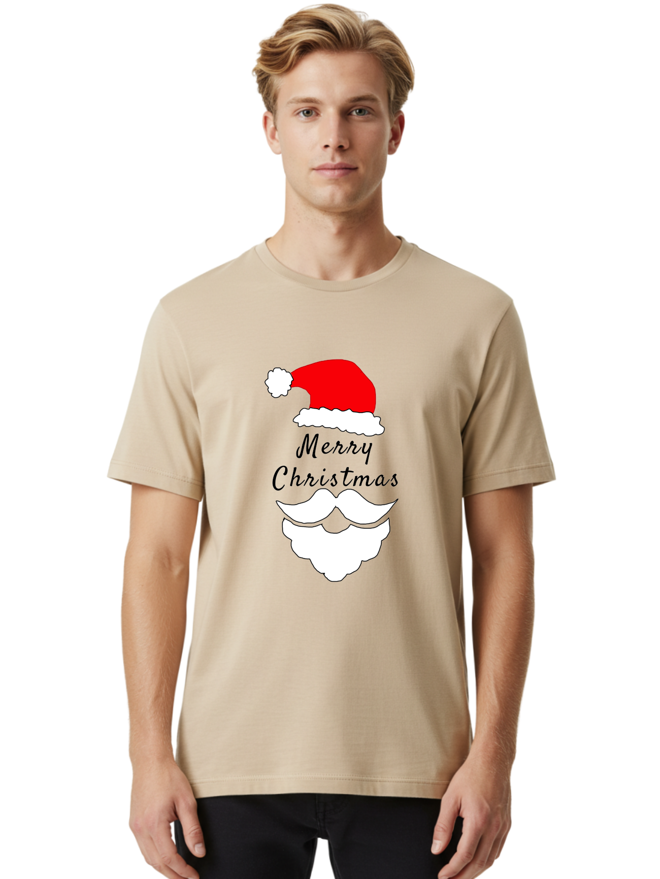 Merry-Christmas Men'S Graphic Tee, 100% Cotton, Comfortable Casual Summer Wear, Machine Washable, Merry Christmas, Santa Hat, White Beard, Festive Season, Holiday Greeting, Christmas Wishes, Jolly Old Saint Nick, Winter Wonderland, -  Aaa097