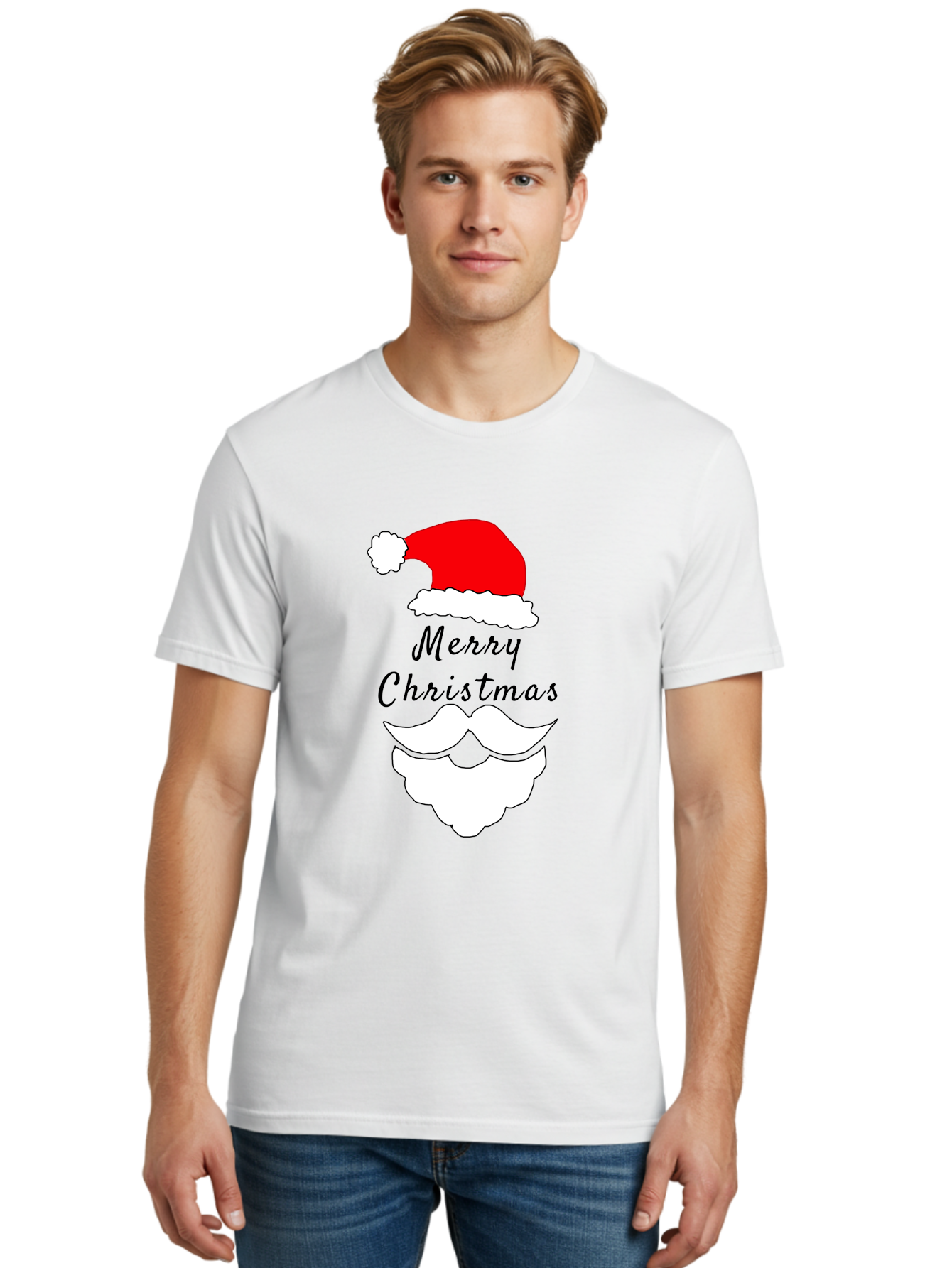 Merry-Christmas Men'S Graphic Tee, 100% Cotton, Comfortable Casual Summer Wear, Machine Washable, Merry Christmas, Santa Hat, White Beard, Festive Season, Holiday Greeting, Christmas Wishes, Jolly Old Saint Nick, Winter Wonderland, -  Aaa097