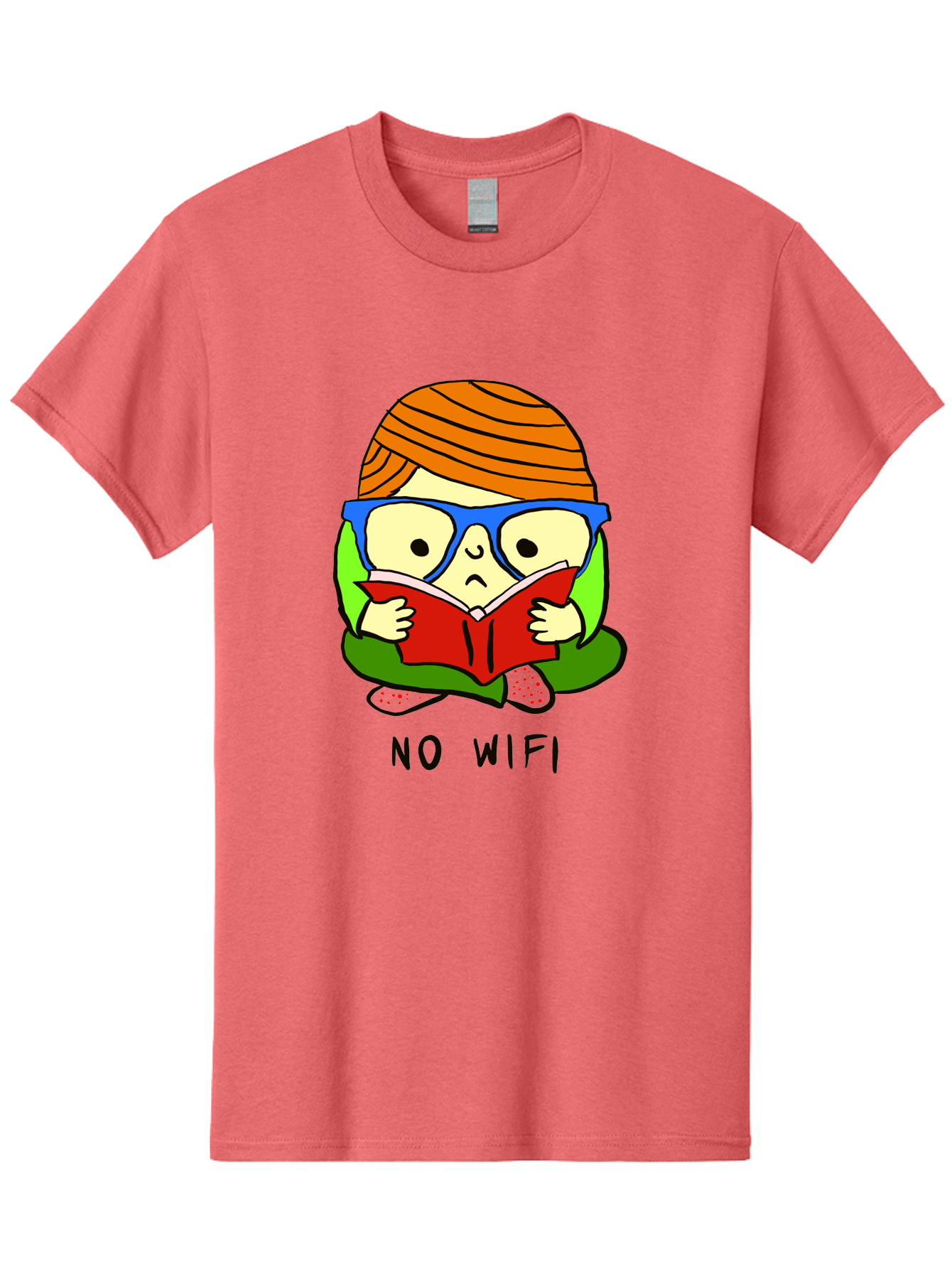 No-Wifi Men'S Graphic Tee, 100% Cotton, Comfortable Casual Summer Wear, Machine Washable, Person Reading A Book, Wearing Glasses, Orange Head Wrap, Offline Mode, Digital Detox, Relaxed Atmosphere, Calm Environment, Reading Culture -  Aaa100