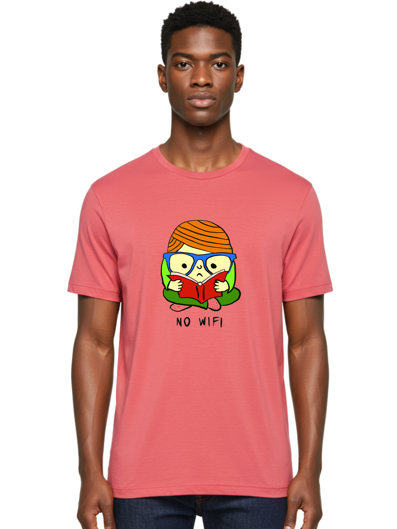 No-Wifi Men'S Graphic Tee, 100% Cotton, Comfortable Casual Summer Wear, Machine Washable, Person Reading A Book, Wearing Glasses, Orange Head Wrap, Offline Mode, Digital Detox, Relaxed Atmosphere, Calm Environment, Reading Culture -  Aaa100