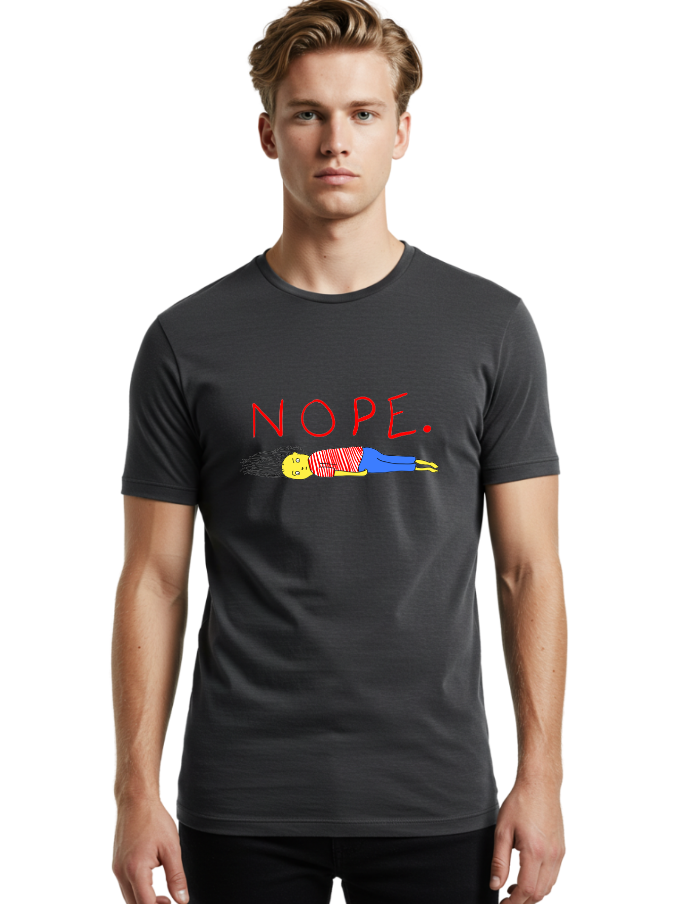 Nope Men'S Graphic Tee, 100% Cotton, Comfortable Casual Summer Wear, Machine Washable, Cartoon Character Lying Down, Refusal, Rejection, Humor, Funny, Relaxed, Laid-Back, Nope Text -  Aaa101