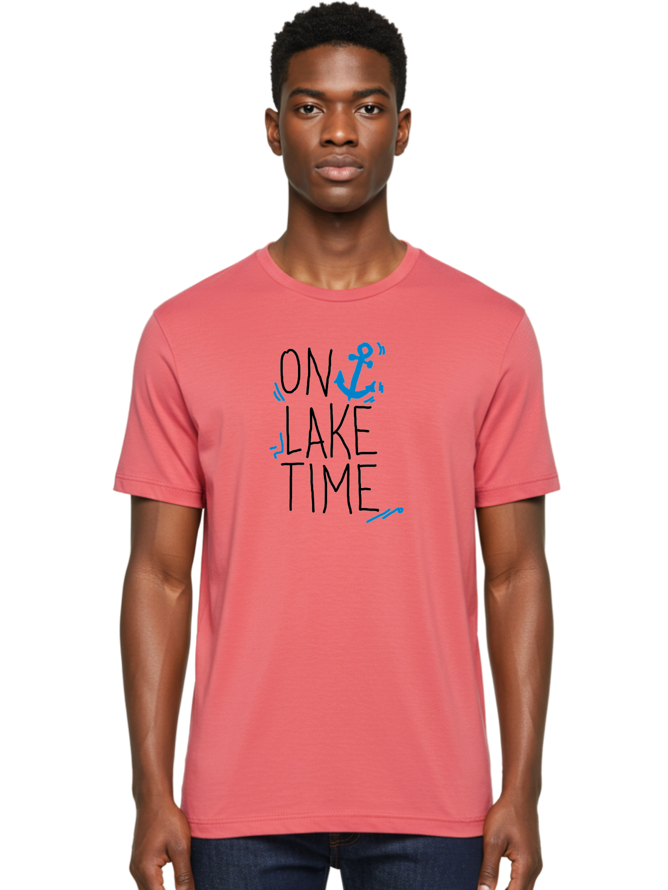 On-Lake-Time Men'S Graphic Tee, 100% Cotton, Comfortable Casual Summer Wear, Machine Washable, Lake Life, Anchor Symbol, Lake Time, Water Activities, Boating, Sailing, Relaxation, Leisure Time, Summer Fun, Nautical Theme -  Aaa105