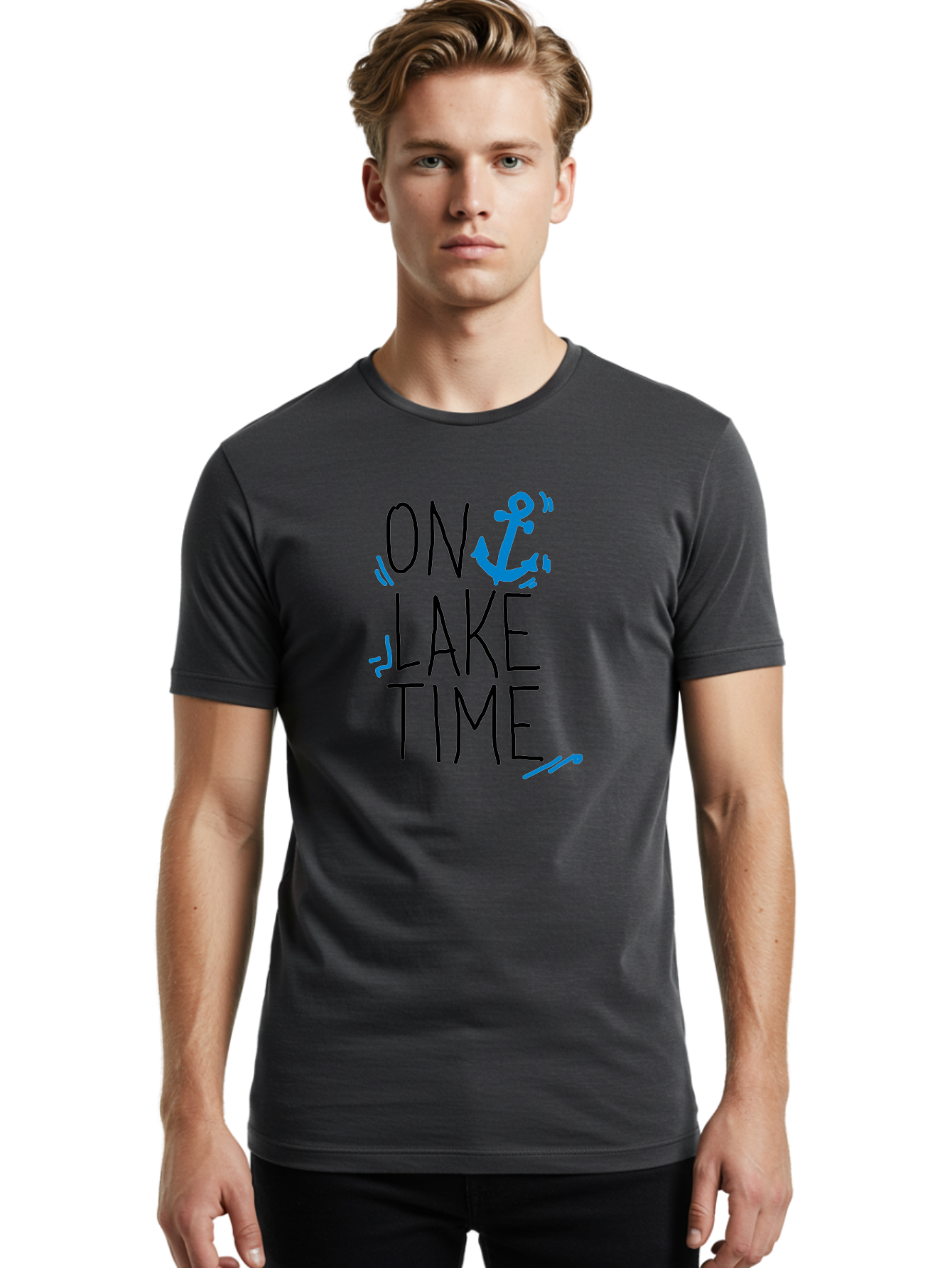 On-Lake-Time Men'S Graphic Tee, 100% Cotton, Comfortable Casual Summer Wear, Machine Washable, Lake Life, Anchor Symbol, Lake Time, Water Activities, Boating, Sailing, Relaxation, Leisure Time, Summer Fun, Nautical Theme -  Aaa105