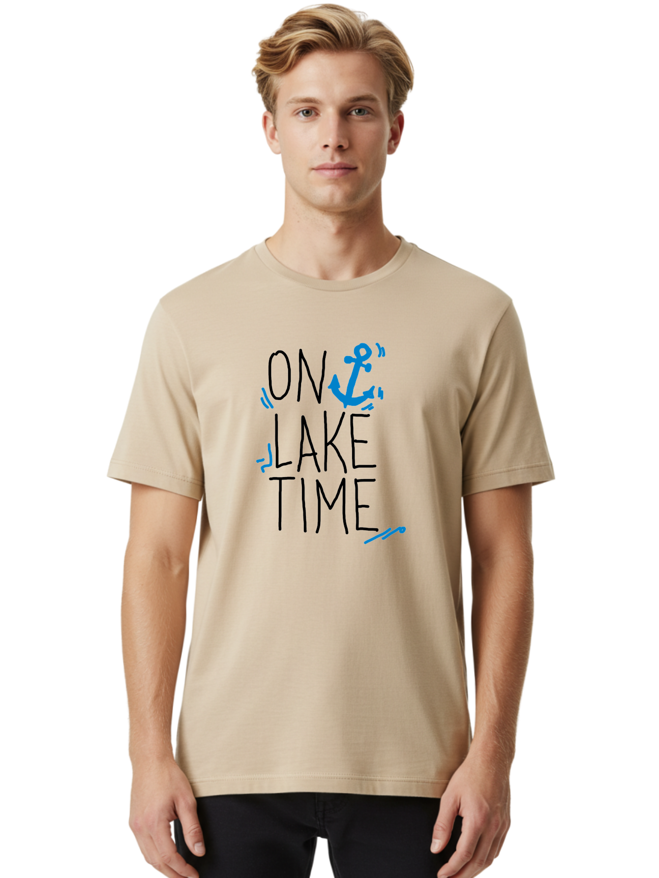 On-Lake-Time Men'S Graphic Tee, 100% Cotton, Comfortable Casual Summer Wear, Machine Washable, Lake Life, Anchor Symbol, Lake Time, Water Activities, Boating, Sailing, Relaxation, Leisure Time, Summer Fun, Nautical Theme -  Aaa105