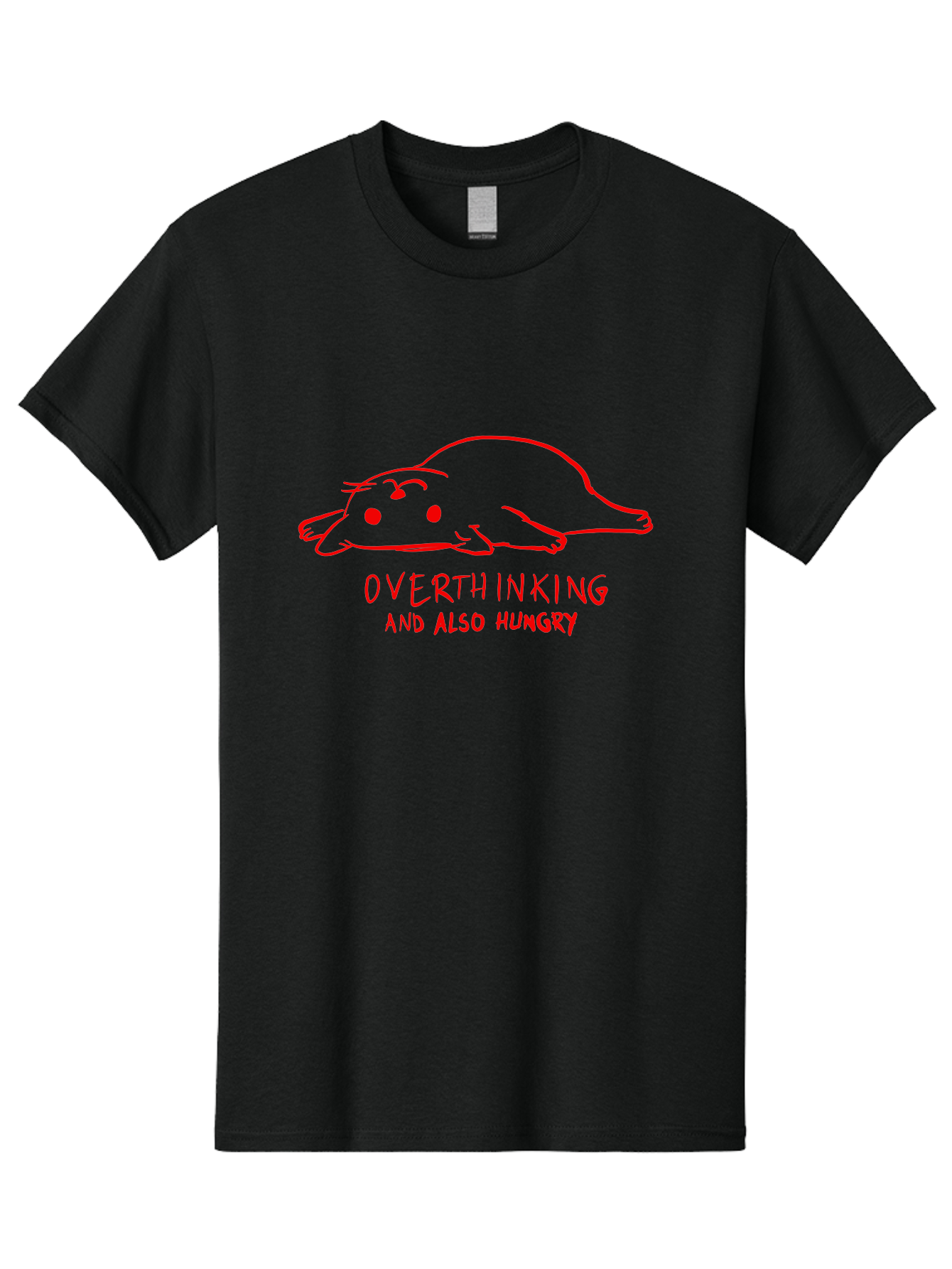 Overthinking-And-Also-Hungry Men'S Graphic Tee, 100% Cotton, Comfortable Casual Summer Wear, Machine Washable, Funny Animal Cartoon, Red Rat, Cute Rodent, Lying Down Relaxed, Overthinking Humor, Relatable, Funny, Quirky, Cartoon Humor, -  Aaa106