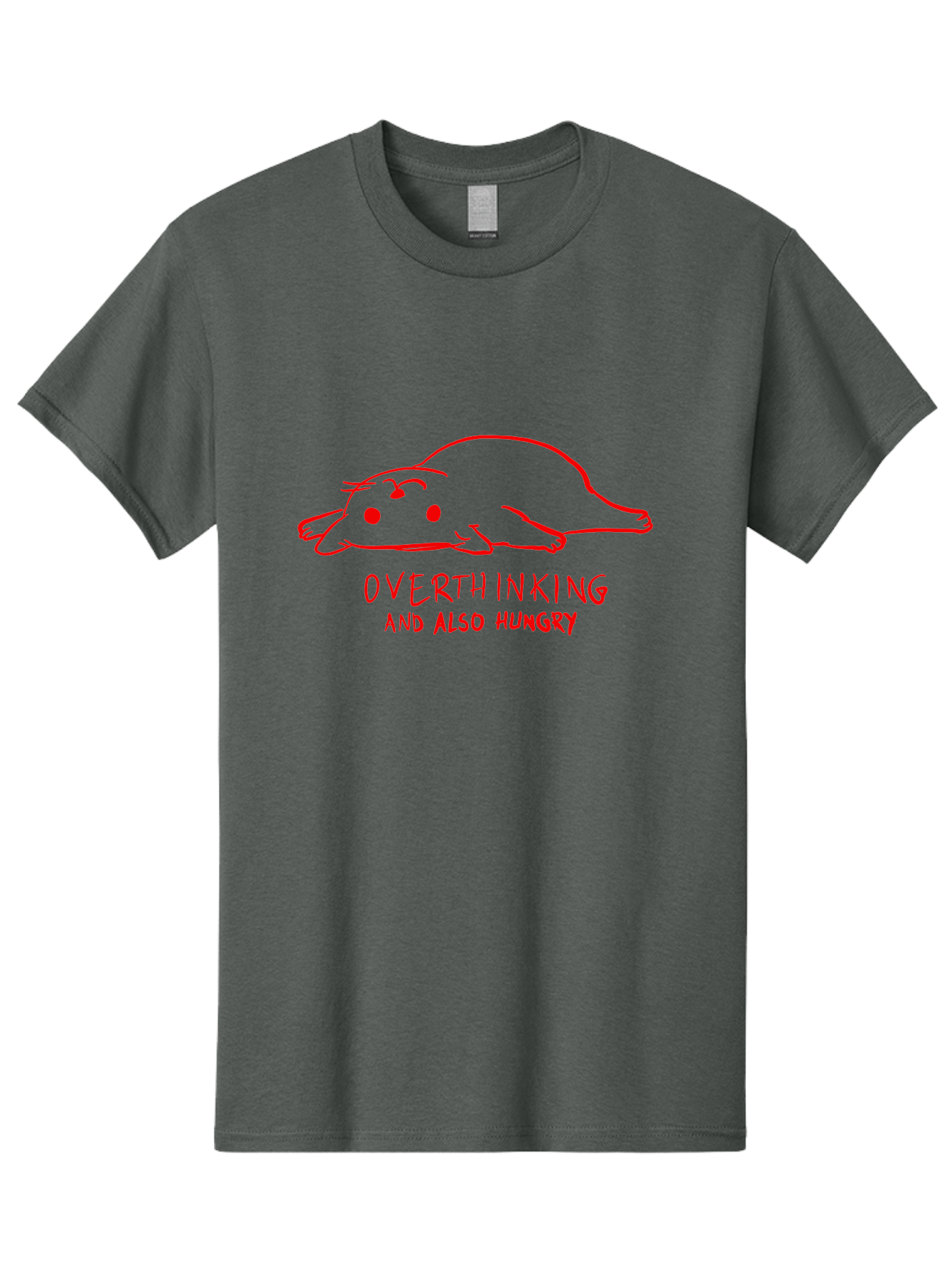 Overthinking-And-Also-Hungry Men'S Graphic Tee, 100% Cotton, Comfortable Casual Summer Wear, Machine Washable, Funny Animal Cartoon, Red Rat, Cute Rodent, Lying Down Relaxed, Overthinking Humor, Relatable, Funny, Quirky, Cartoon Humor, -  Aaa106