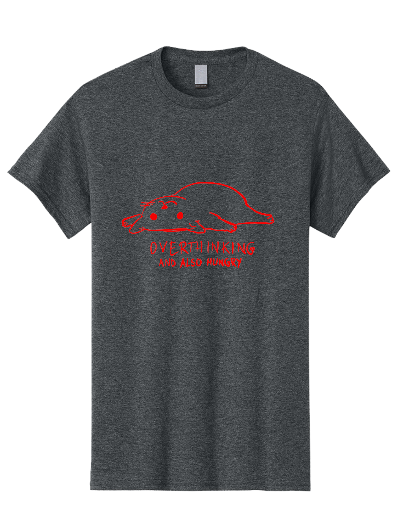 Overthinking-And-Also-Hungry Men'S Graphic Tee, 100% Cotton, Comfortable Casual Summer Wear, Machine Washable, Funny Animal Cartoon, Red Rat, Cute Rodent, Lying Down Relaxed, Overthinking Humor, Relatable, Funny, Quirky, Cartoon Humor, -  Aaa106