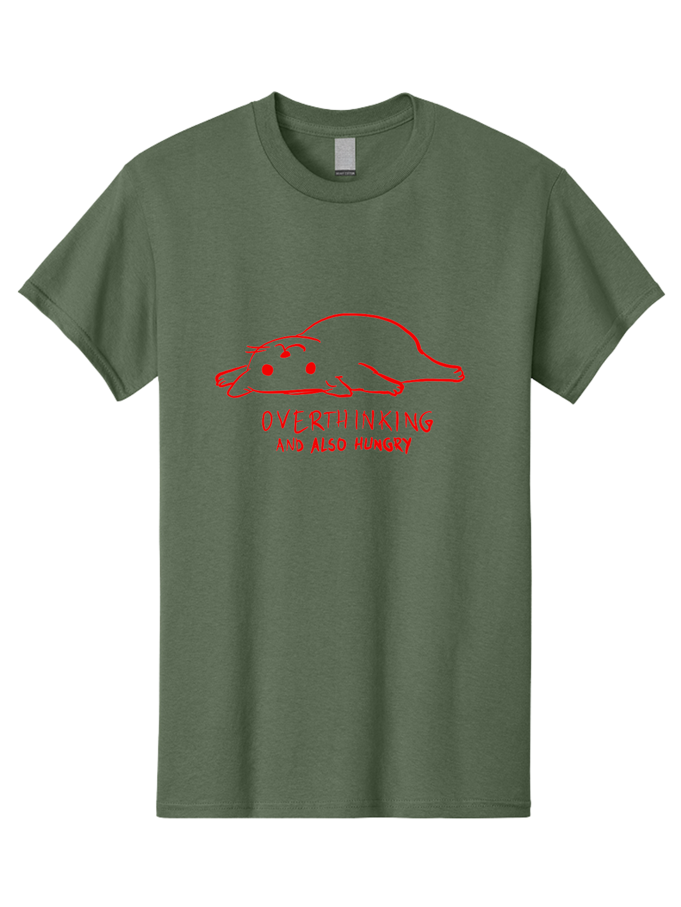 Overthinking-And-Also-Hungry Men'S Graphic Tee, 100% Cotton, Comfortable Casual Summer Wear, Machine Washable, Funny Animal Cartoon, Red Rat, Cute Rodent, Lying Down Relaxed, Overthinking Humor, Relatable, Funny, Quirky, Cartoon Humor, -  Aaa106