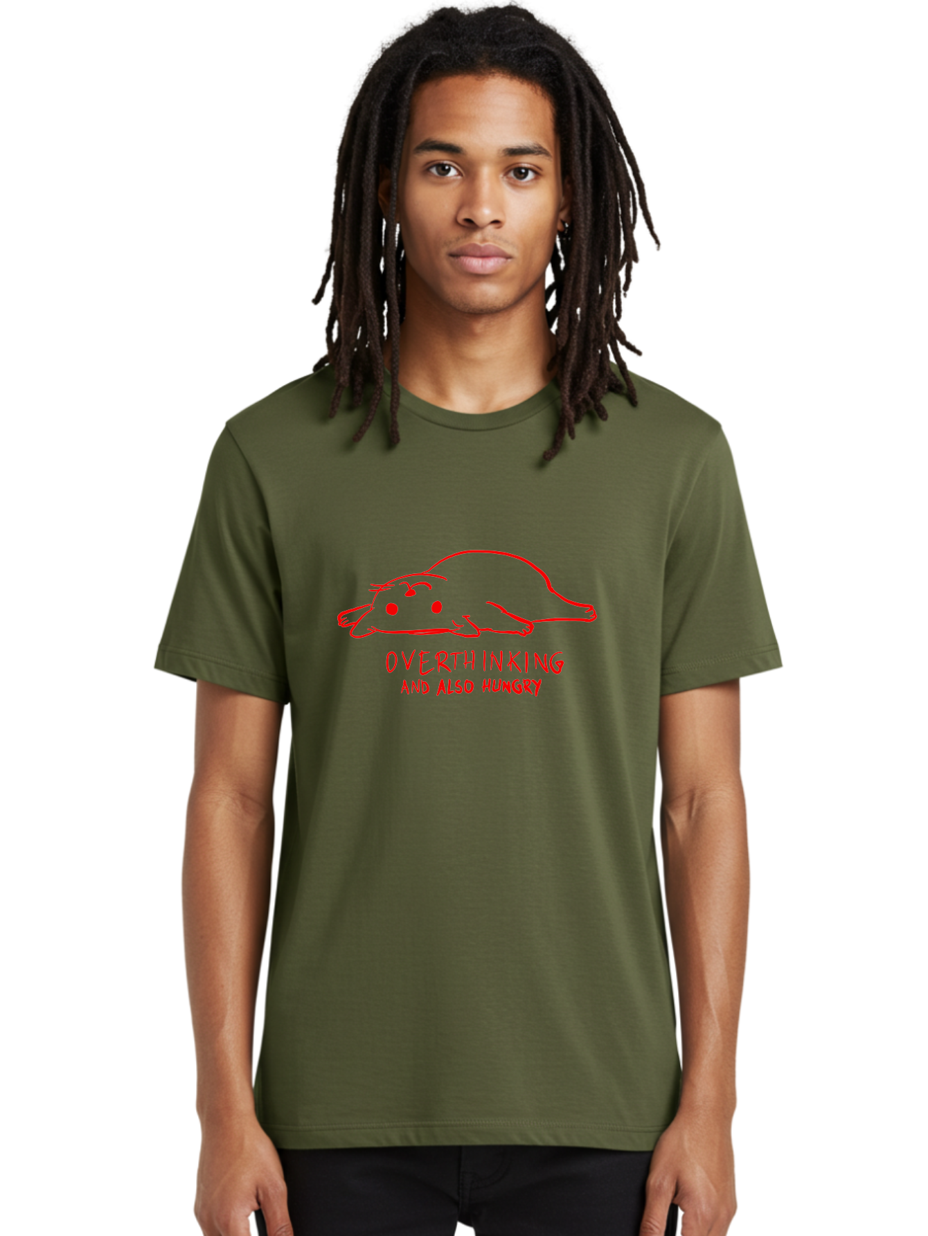 Overthinking-And-Also-Hungry Men'S Graphic Tee, 100% Cotton, Comfortable Casual Summer Wear, Machine Washable, Funny Animal Cartoon, Red Rat, Cute Rodent, Lying Down Relaxed, Overthinking Humor, Relatable, Funny, Quirky, Cartoon Humor, -  Aaa106