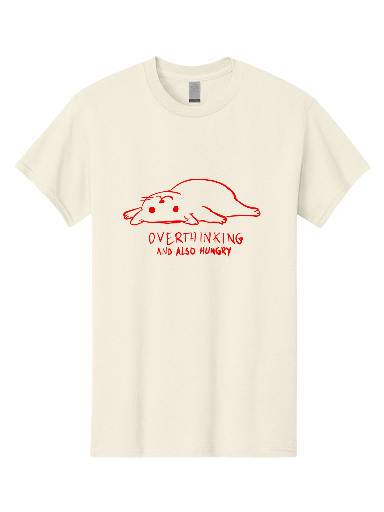 Overthinking-And-Also-Hungry Men'S Graphic Tee, 100% Cotton, Comfortable Casual Summer Wear, Machine Washable, Funny Animal Cartoon, Red Rat, Cute Rodent, Lying Down Relaxed, Overthinking Humor, Relatable, Funny, Quirky, Cartoon Humor, -  Aaa106