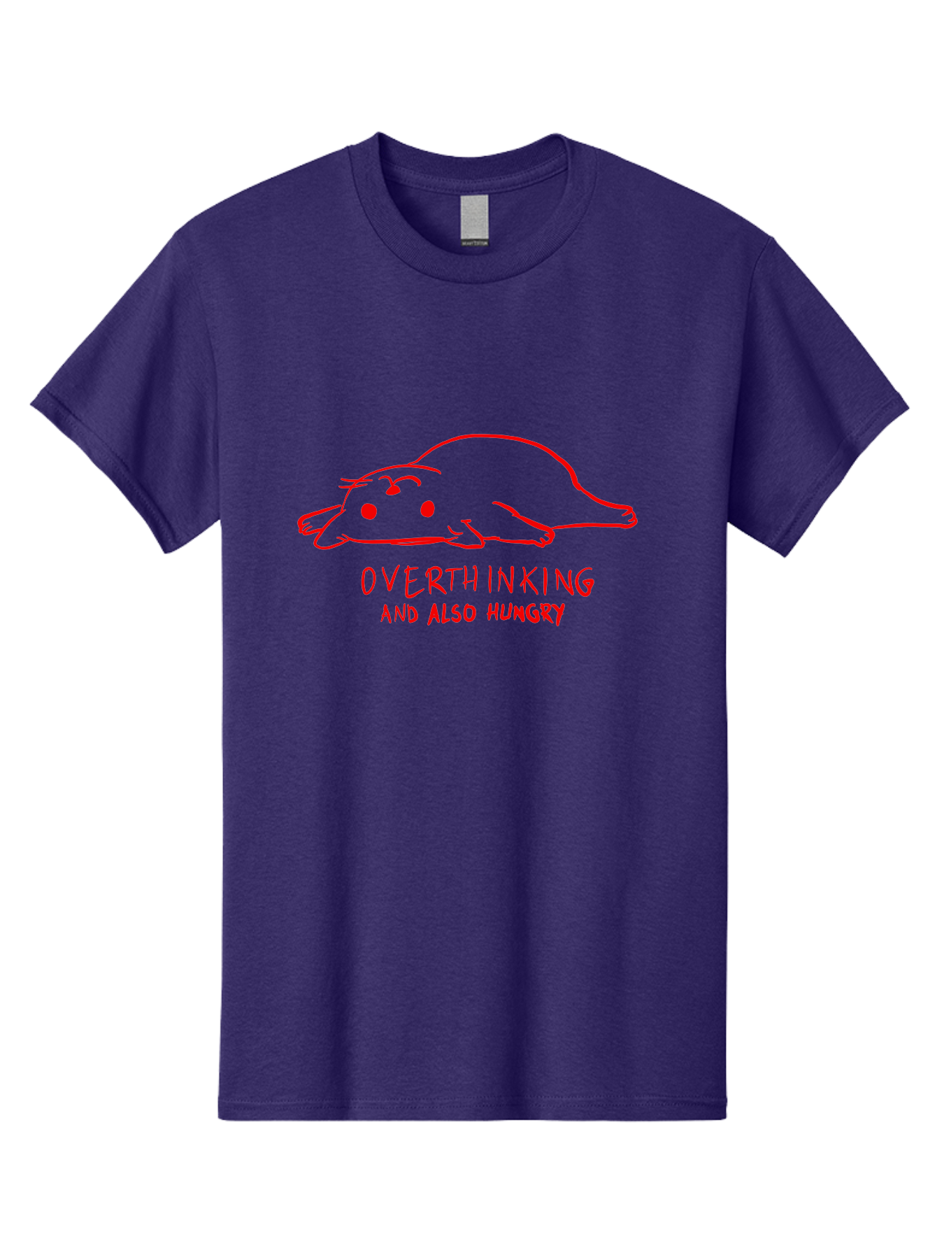 Overthinking-And-Also-Hungry Men'S Graphic Tee, 100% Cotton, Comfortable Casual Summer Wear, Machine Washable, Funny Animal Cartoon, Red Rat, Cute Rodent, Lying Down Relaxed, Overthinking Humor, Relatable, Funny, Quirky, Cartoon Humor, -  Aaa106