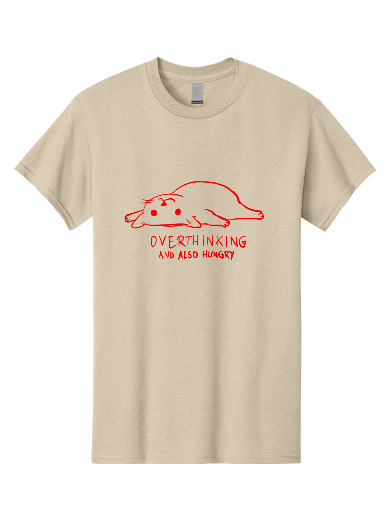 Overthinking-And-Also-Hungry Men'S Graphic Tee, 100% Cotton, Comfortable Casual Summer Wear, Machine Washable, Funny Animal Cartoon, Red Rat, Cute Rodent, Lying Down Relaxed, Overthinking Humor, Relatable, Funny, Quirky, Cartoon Humor, -  Aaa106