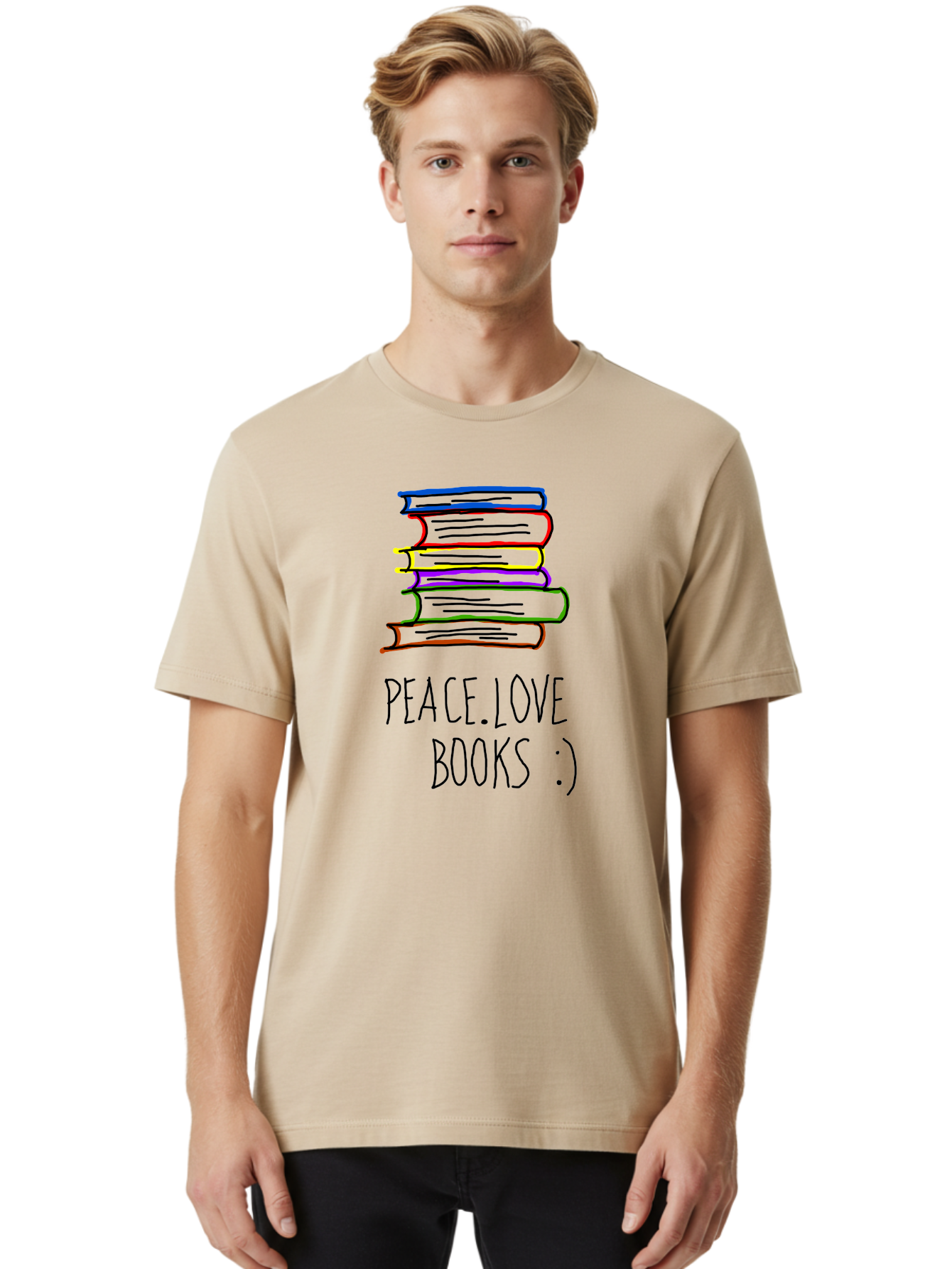 Peace-Love-Books Men'S Graphic Tee, 100% Cotton, Comfortable Casual Summer Wear, Machine Washable, Stack Of Books, Love For Reading, Peaceful Atmosphere, Inspirational Quote, Book Lovers, Reading Culture, Inspirational Message, -  Aaa109