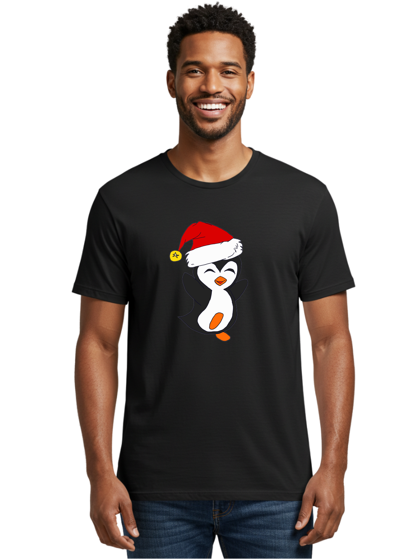 Penguin-With-Santa-Hat Men'S Graphic Tee, 100% Cotton, Comfortable Casual Summer Wear, Machine Washable, Cartoon Penguin, Santa Hat, Christmas Character, Festive Holiday, Cartoon Illustration, Winter Wonderland, Cute Animal, -  Aaa110
