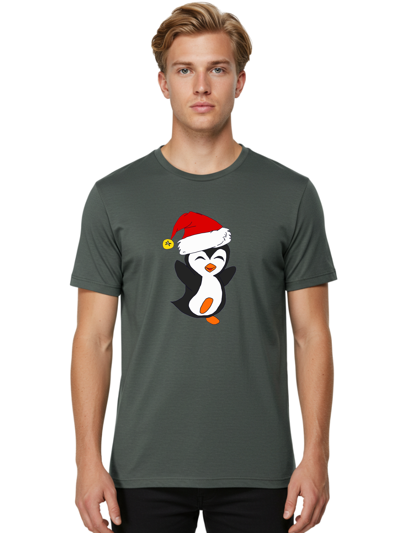 Penguin-With-Santa-Hat Men'S Graphic Tee, 100% Cotton, Comfortable Casual Summer Wear, Machine Washable, Cartoon Penguin, Santa Hat, Christmas Character, Festive Holiday, Cartoon Illustration, Winter Wonderland, Cute Animal, -  Aaa110
