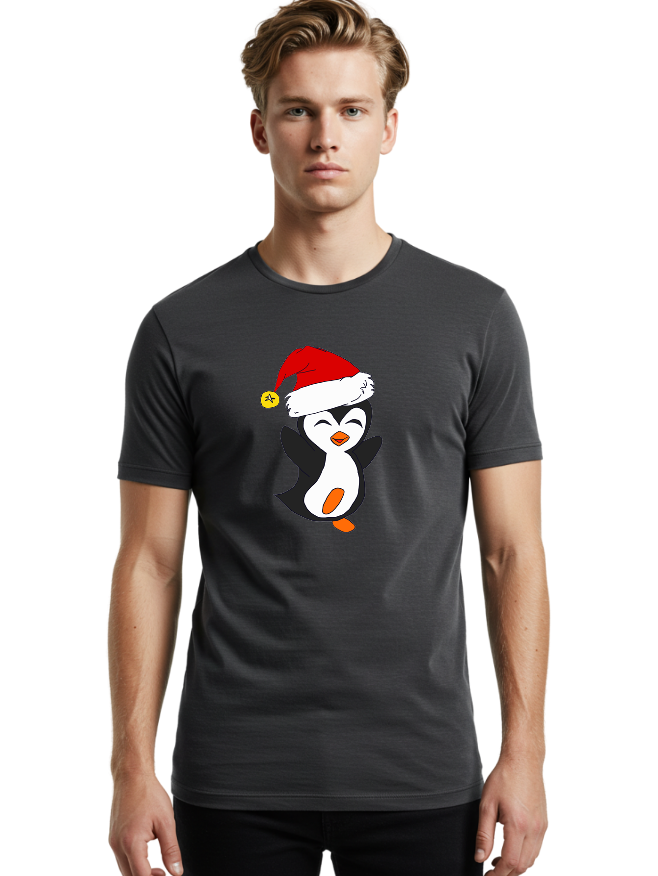 Penguin-With-Santa-Hat Men'S Graphic Tee, 100% Cotton, Comfortable Casual Summer Wear, Machine Washable, Cartoon Penguin, Santa Hat, Christmas Character, Festive Holiday, Cartoon Illustration, Winter Wonderland, Cute Animal, -  Aaa110