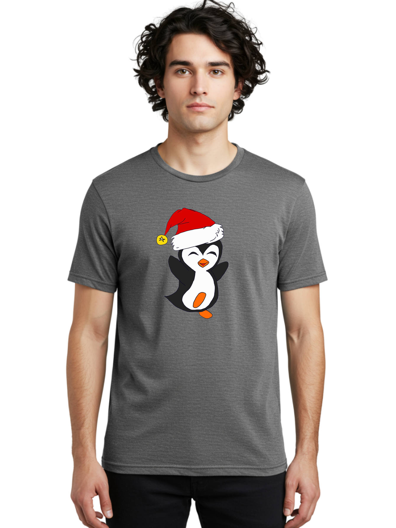 Penguin-With-Santa-Hat Men'S Graphic Tee, 100% Cotton, Comfortable Casual Summer Wear, Machine Washable, Cartoon Penguin, Santa Hat, Christmas Character, Festive Holiday, Cartoon Illustration, Winter Wonderland, Cute Animal, -  Aaa110