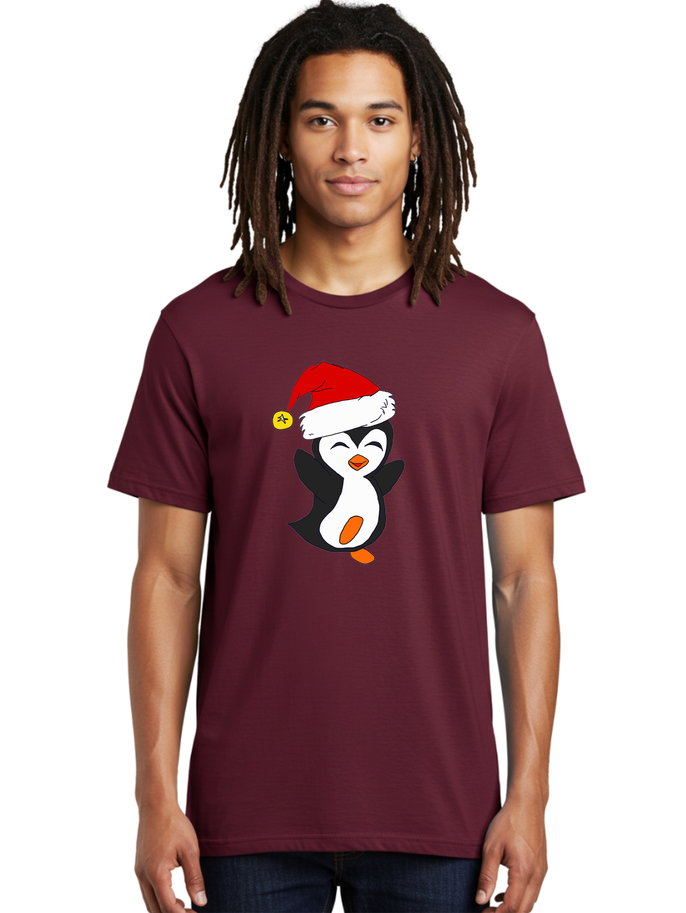 Penguin-With-Santa-Hat Men'S Graphic Tee, 100% Cotton, Comfortable Casual Summer Wear, Machine Washable, Cartoon Penguin, Santa Hat, Christmas Character, Festive Holiday, Cartoon Illustration, Winter Wonderland, Cute Animal, -  Aaa110