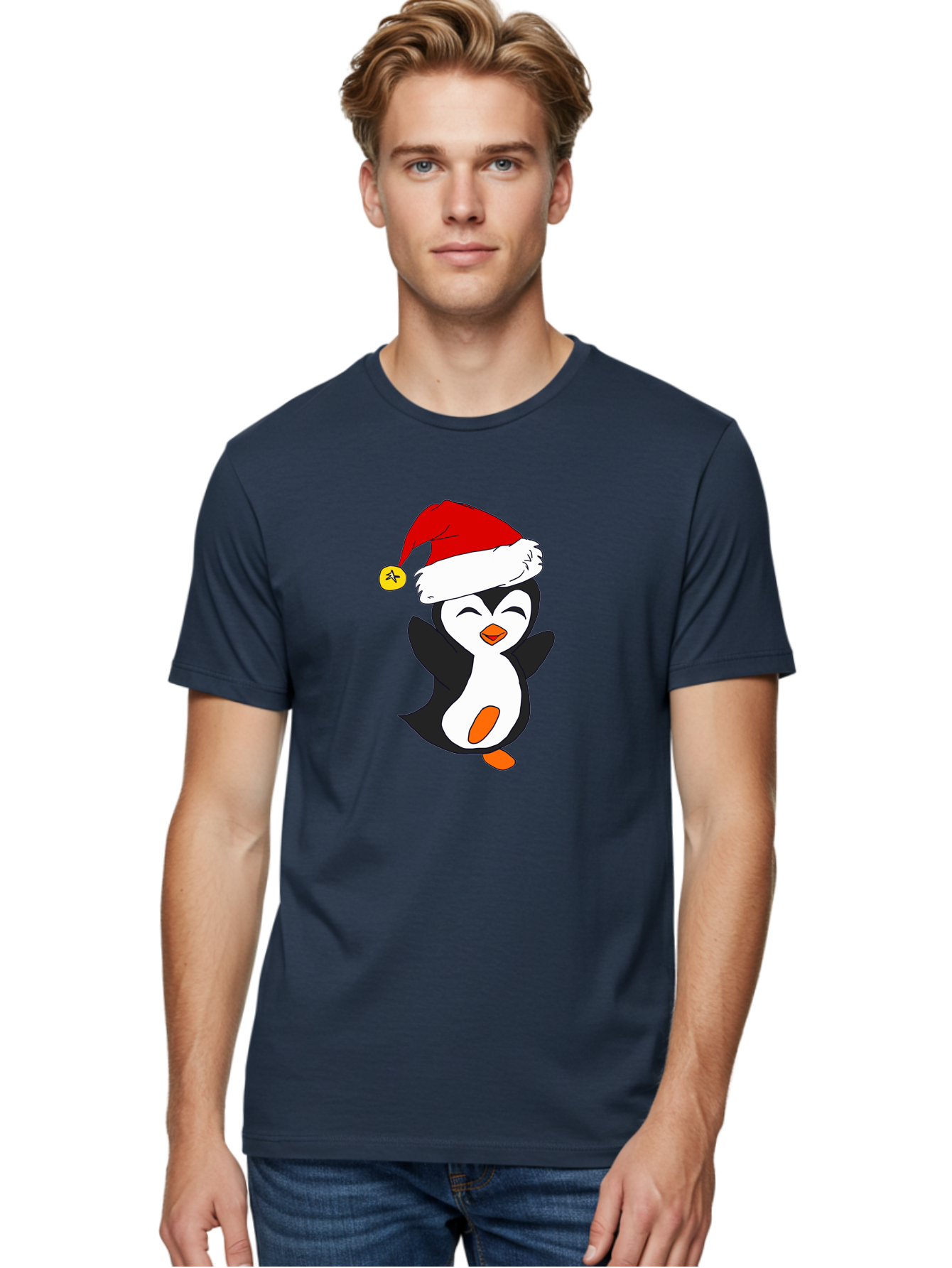 Penguin-With-Santa-Hat Men'S Graphic Tee, 100% Cotton, Comfortable Casual Summer Wear, Machine Washable, Cartoon Penguin, Santa Hat, Christmas Character, Festive Holiday, Cartoon Illustration, Winter Wonderland, Cute Animal, -  Aaa110