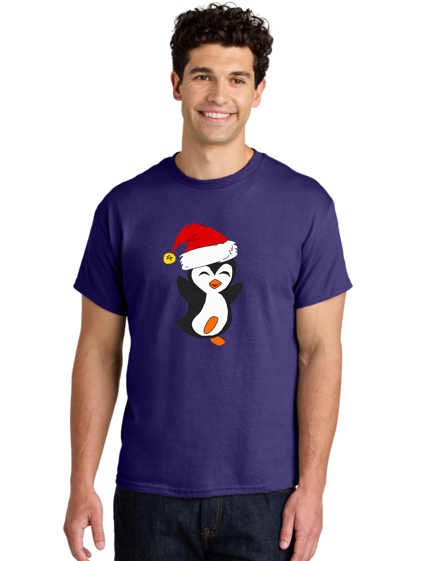Penguin-With-Santa-Hat Men'S Graphic Tee, 100% Cotton, Comfortable Casual Summer Wear, Machine Washable, Cartoon Penguin, Santa Hat, Christmas Character, Festive Holiday, Cartoon Illustration, Winter Wonderland, Cute Animal, -  Aaa110