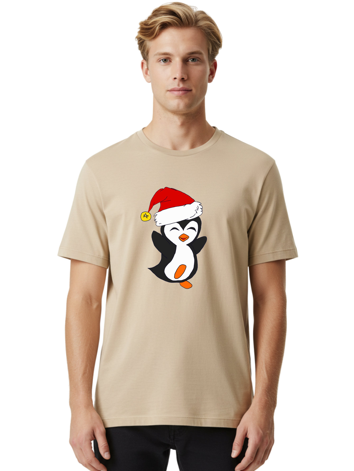 Penguin-With-Santa-Hat Men'S Graphic Tee, 100% Cotton, Comfortable Casual Summer Wear, Machine Washable, Cartoon Penguin, Santa Hat, Christmas Character, Festive Holiday, Cartoon Illustration, Winter Wonderland, Cute Animal, -  Aaa110
