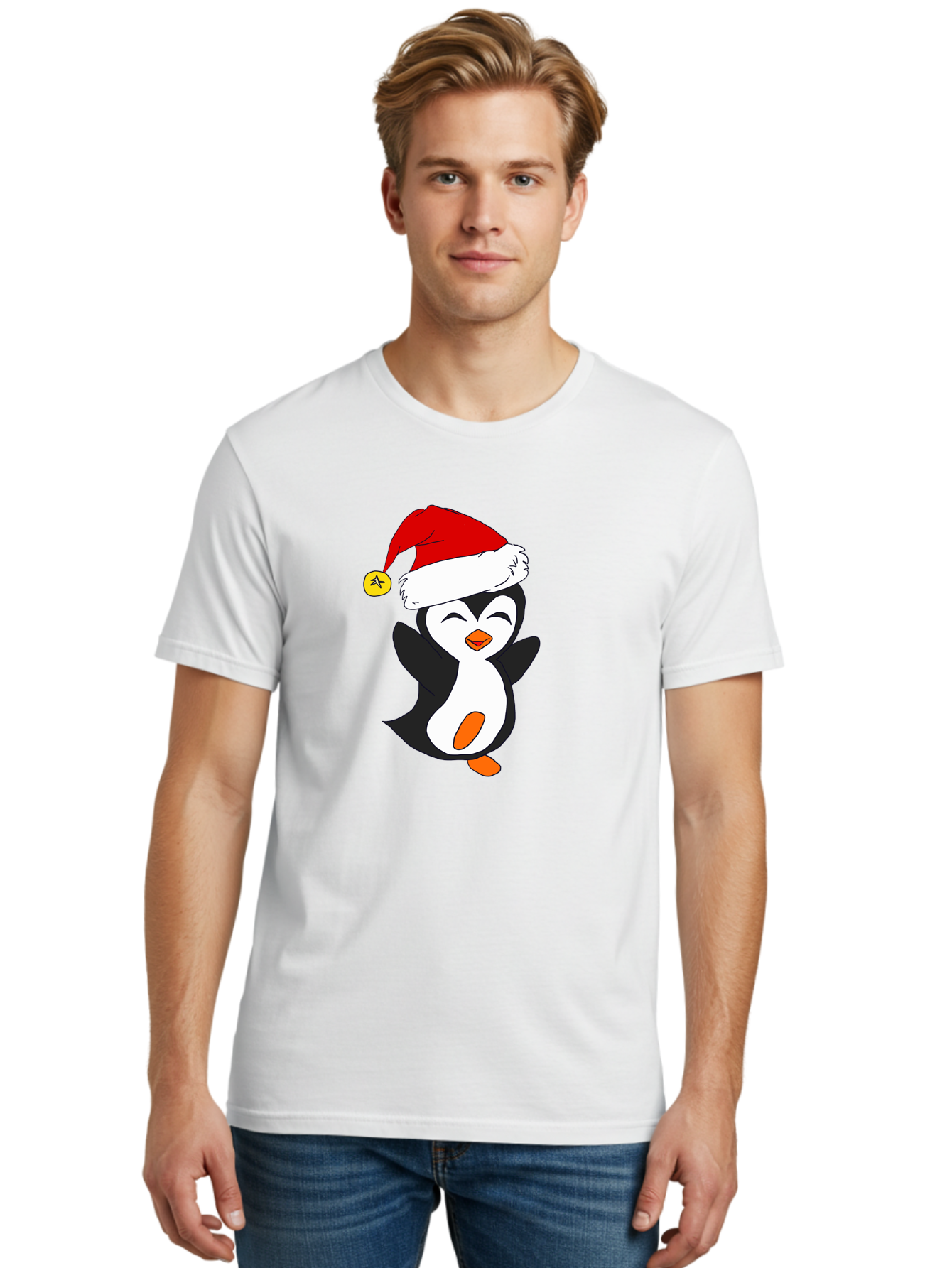 Penguin-With-Santa-Hat Men'S Graphic Tee, 100% Cotton, Comfortable Casual Summer Wear, Machine Washable, Cartoon Penguin, Santa Hat, Christmas Character, Festive Holiday, Cartoon Illustration, Winter Wonderland, Cute Animal, -  Aaa110