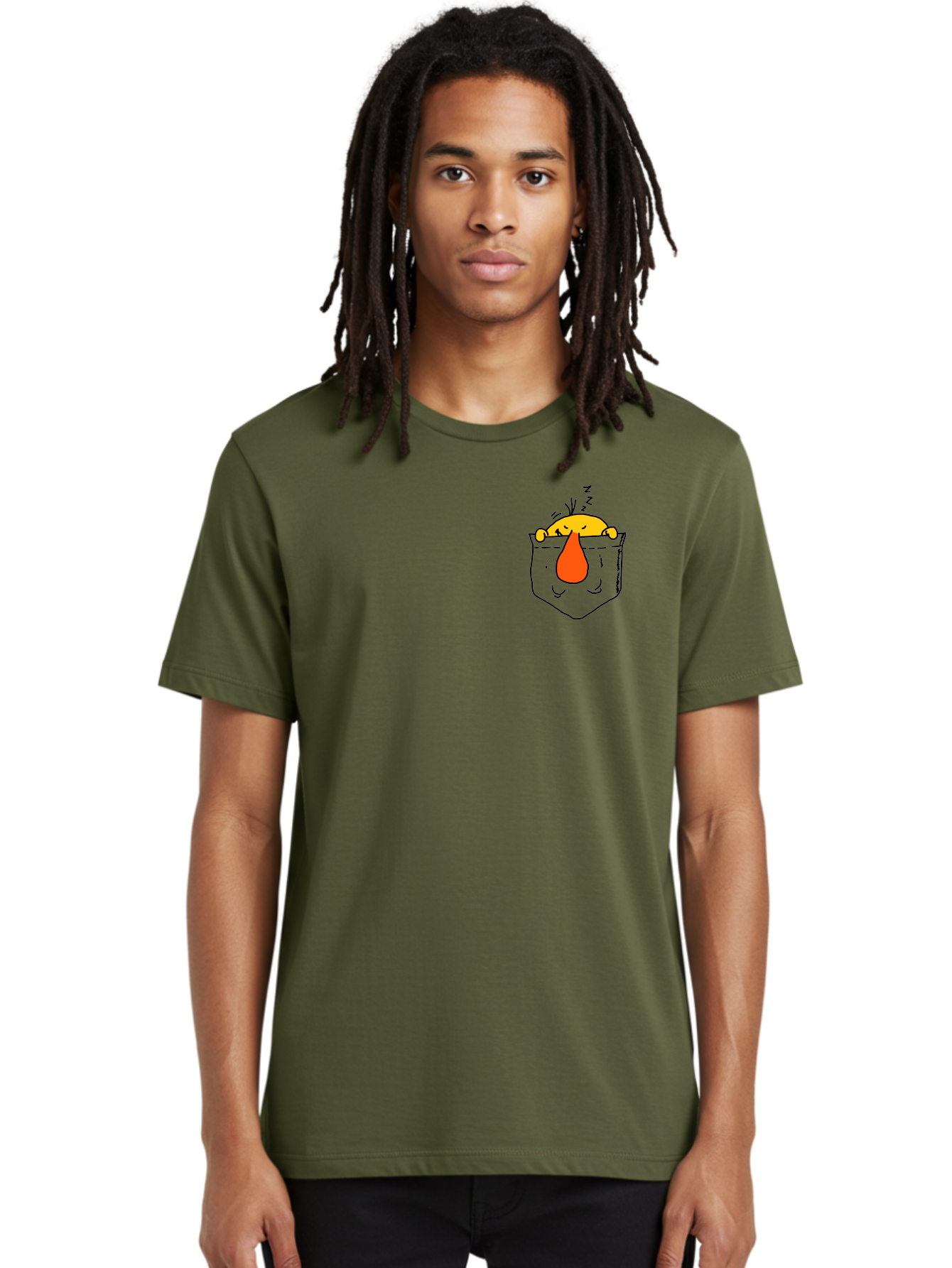 Pocket-Chicken Men'S Graphic Tee, 100% Cotton, Comfortable Casual Summer Wear, Machine Washable, Cartoon Chicken, Crying Face, Pocket Illustration, Orange Teardrop, Emotional Expression, Simple Doodle, Quirky Design, Funny Character -  Aaa114