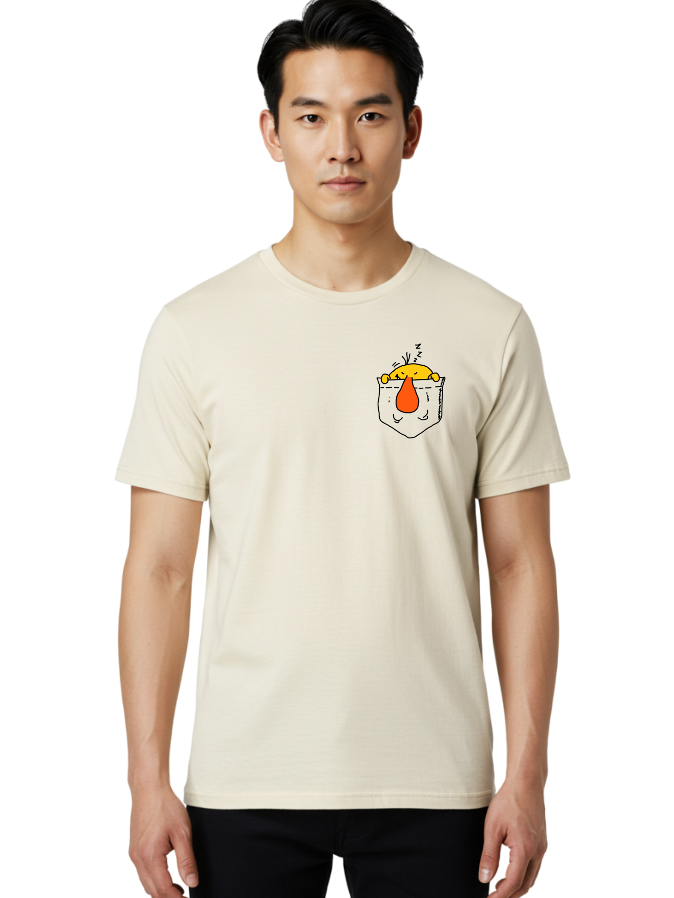 Pocket-Chicken Men'S Graphic Tee, 100% Cotton, Comfortable Casual Summer Wear, Machine Washable, Cartoon Chicken, Crying Face, Pocket Illustration, Orange Teardrop, Emotional Expression, Simple Doodle, Quirky Design, Funny Character -  Aaa114