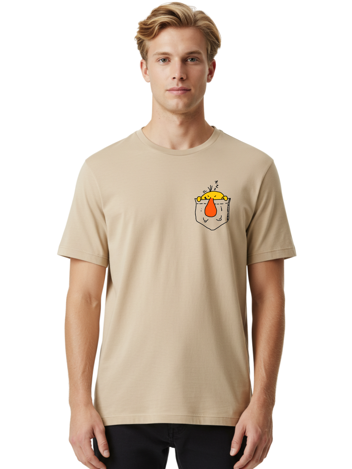 Pocket-Chicken Men'S Graphic Tee, 100% Cotton, Comfortable Casual Summer Wear, Machine Washable, Cartoon Chicken, Crying Face, Pocket Illustration, Orange Teardrop, Emotional Expression, Simple Doodle, Quirky Design, Funny Character -  Aaa114