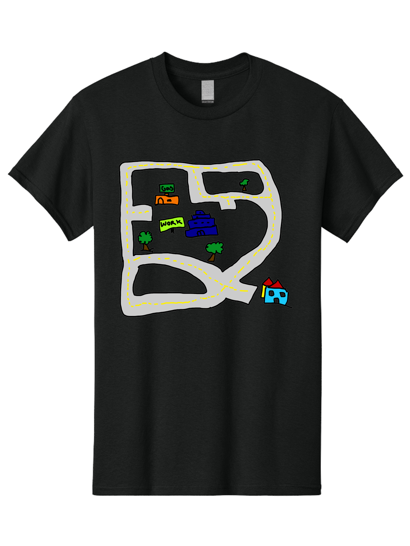 Road-Map Men'S Graphic Tee, 100% Cotton, Comfortable Casual Summer Wear, Machine Washable, Road To Work, Home Sweet Home, Daily Commute, Office Building, Daily Routine, Morning Journey -  Aaa116