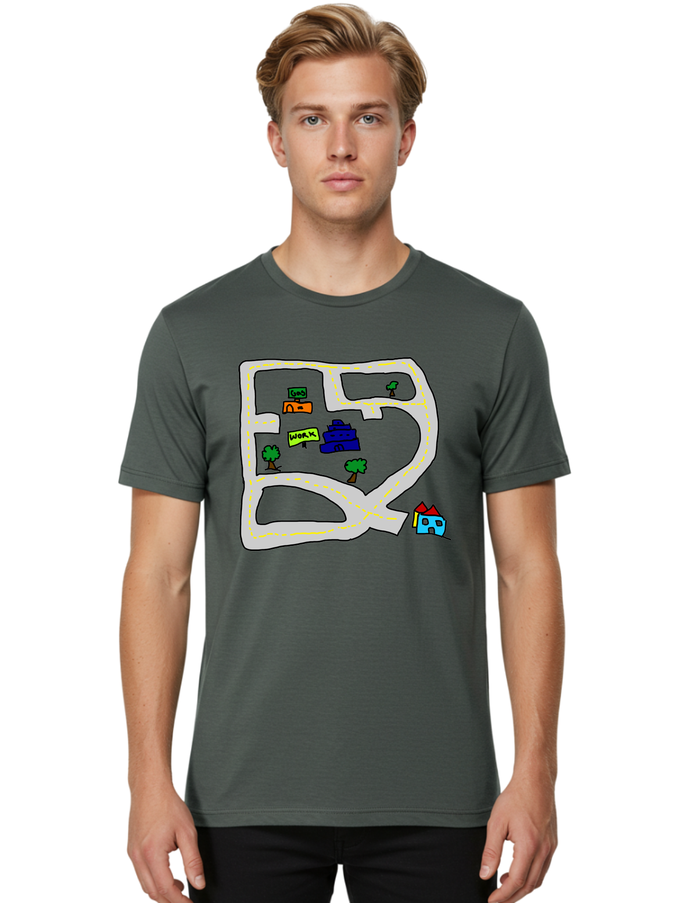 Road-Map Men'S Graphic Tee, 100% Cotton, Comfortable Casual Summer Wear, Machine Washable, Road To Work, Home Sweet Home, Daily Commute, Office Building, Daily Routine, Morning Journey -  Aaa116