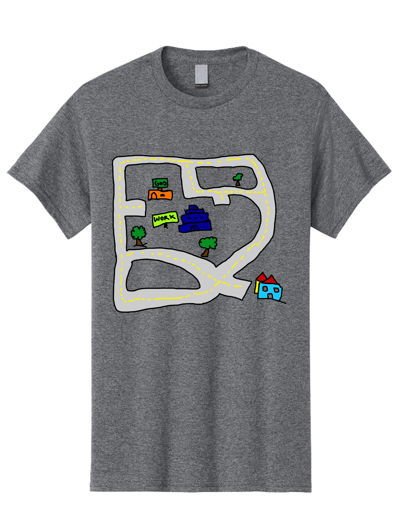 Road-Map Men'S Graphic Tee, 100% Cotton, Comfortable Casual Summer Wear, Machine Washable, Road To Work, Home Sweet Home, Daily Commute, Office Building, Daily Routine, Morning Journey -  Aaa116