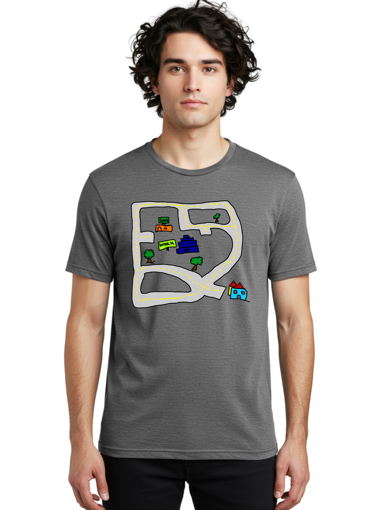 Road-Map Men'S Graphic Tee, 100% Cotton, Comfortable Casual Summer Wear, Machine Washable, Road To Work, Home Sweet Home, Daily Commute, Office Building, Daily Routine, Morning Journey -  Aaa116