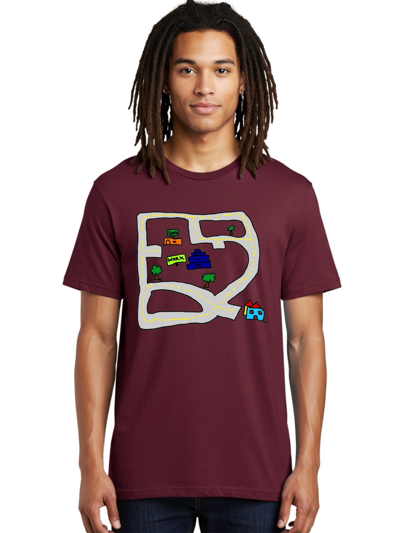 Road-Map Men'S Graphic Tee, 100% Cotton, Comfortable Casual Summer Wear, Machine Washable, Road To Work, Home Sweet Home, Daily Commute, Office Building, Daily Routine, Morning Journey -  Aaa116