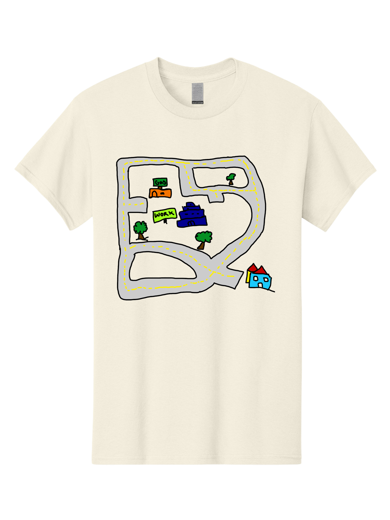 Road-Map Men'S Graphic Tee, 100% Cotton, Comfortable Casual Summer Wear, Machine Washable, Road To Work, Home Sweet Home, Daily Commute, Office Building, Daily Routine, Morning Journey -  Aaa116