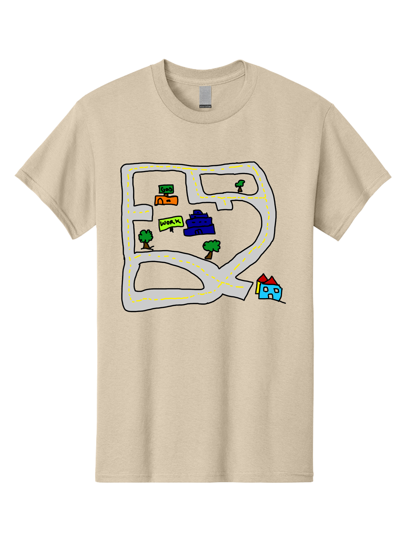 Road-Map Men'S Graphic Tee, 100% Cotton, Comfortable Casual Summer Wear, Machine Washable, Road To Work, Home Sweet Home, Daily Commute, Office Building, Daily Routine, Morning Journey -  Aaa116