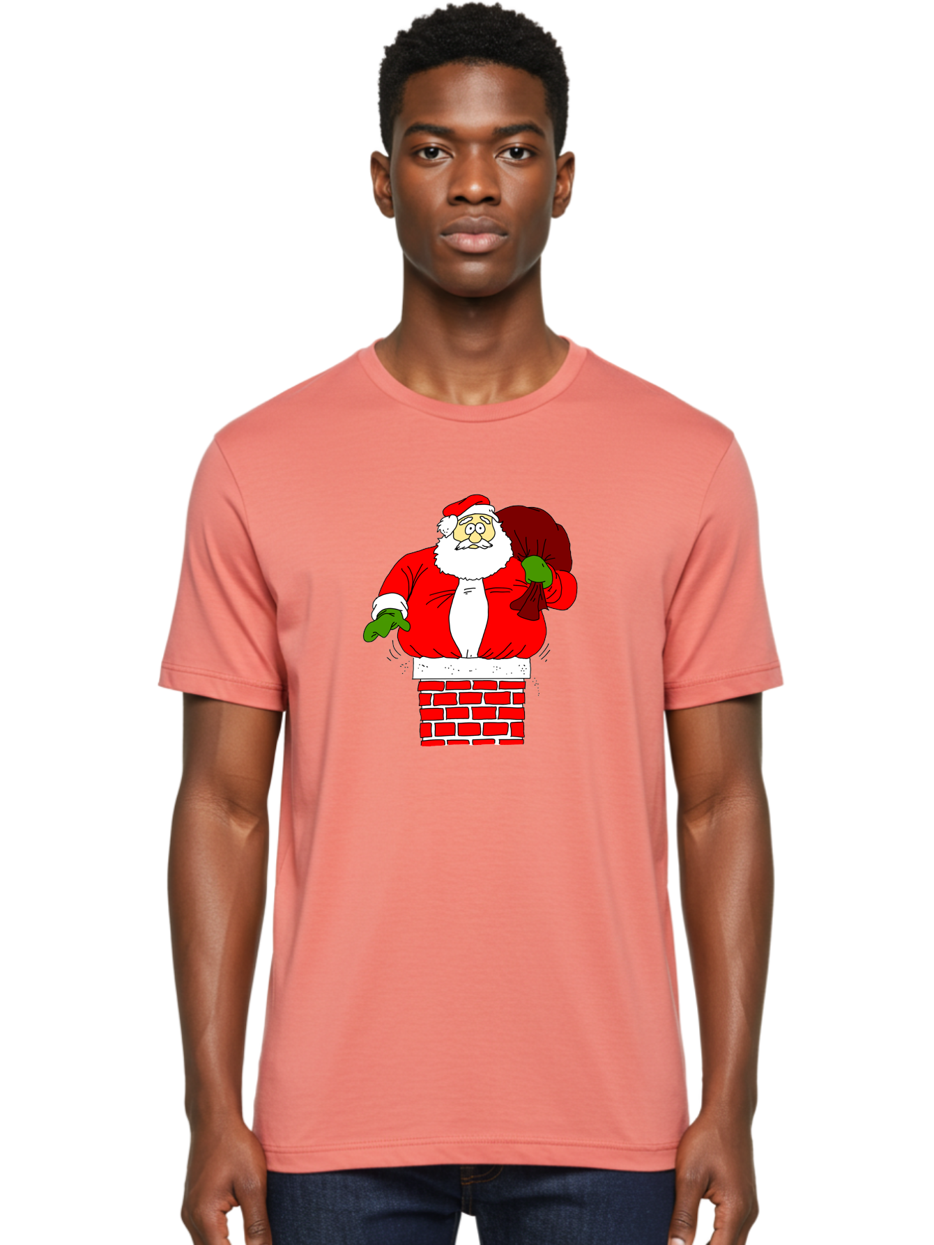 Santa Claus emerging from a chimney, Christmas magic, festive season, holiday cheer, jolly old man, gift giving, red suit, white beard, sack of presents, cartoon illustration