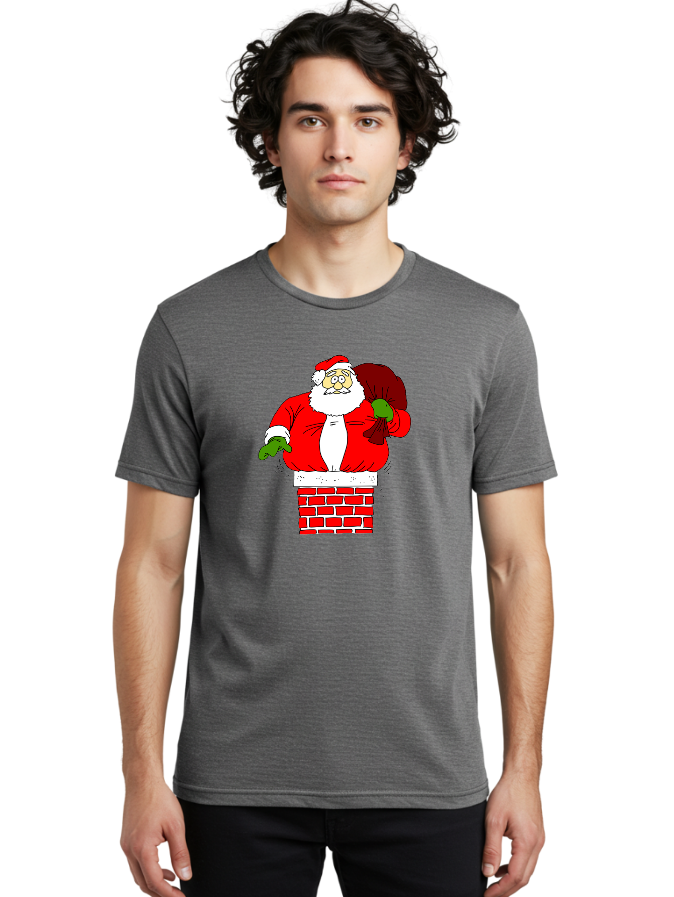 Santa Claus emerging from a chimney, Christmas magic, festive season, holiday cheer, jolly old man, gift giving, red suit, white beard, sack of presents, cartoon illustration