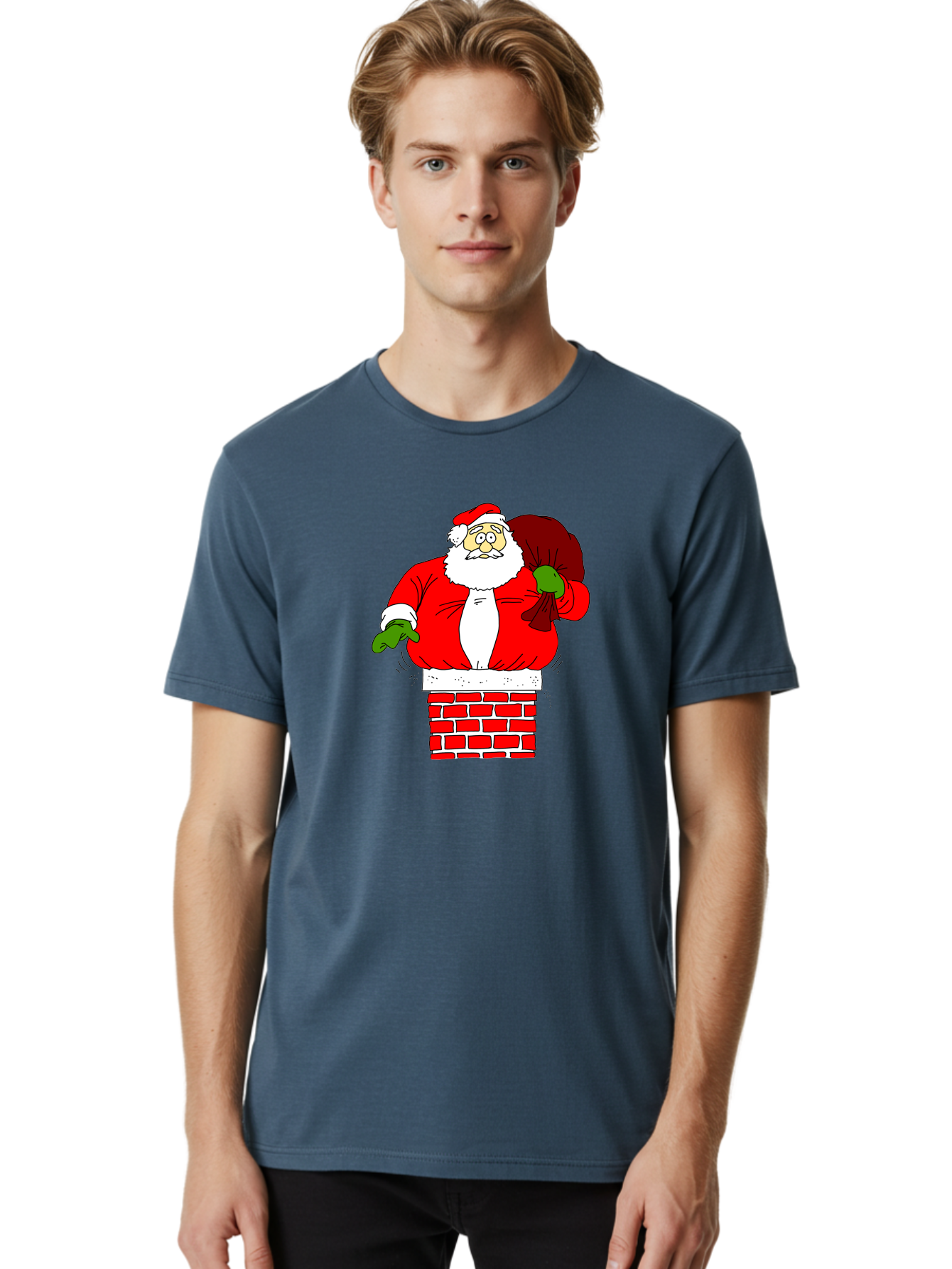 Santa Claus emerging from a chimney, Christmas magic, festive season, holiday cheer, jolly old man, gift giving, red suit, white beard, sack of presents, cartoon illustration