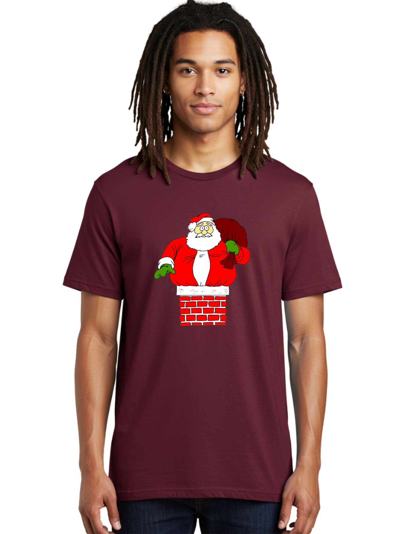 Santa Claus emerging from a chimney, Christmas magic, festive season, holiday cheer, jolly old man, gift giving, red suit, white beard, sack of presents, cartoon illustration