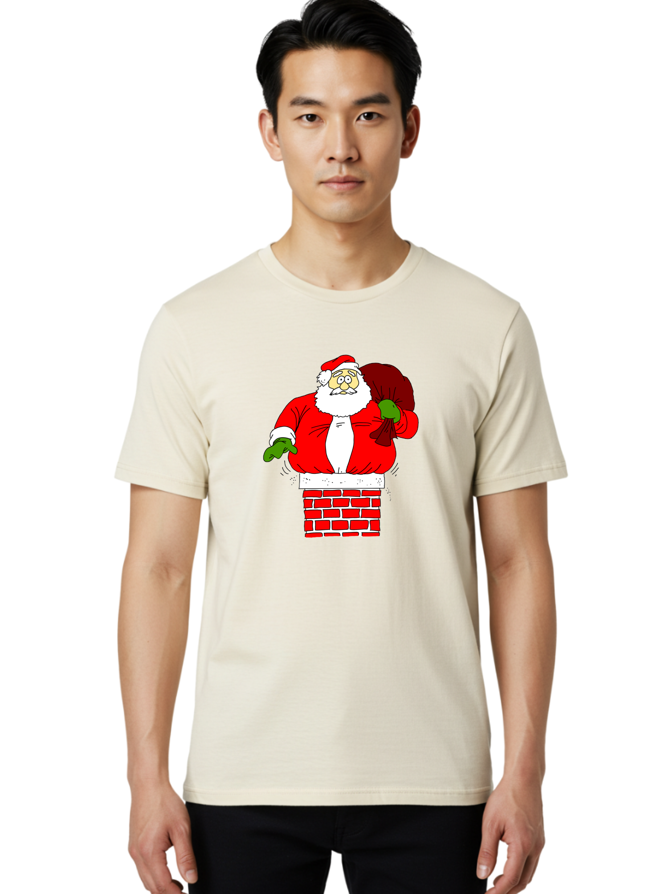 Santa-Claus Men'S Graphic Tee, 100% Cotton, Comfortable Casual Summer Wear, Machine Washable, Santa Claus Emerging From A Chimney, Christmas Magic, Festive Season, Holiday Cheer, Jolly Old Man, Gift Giving, Red Suit, White Beard, -  Aaa118