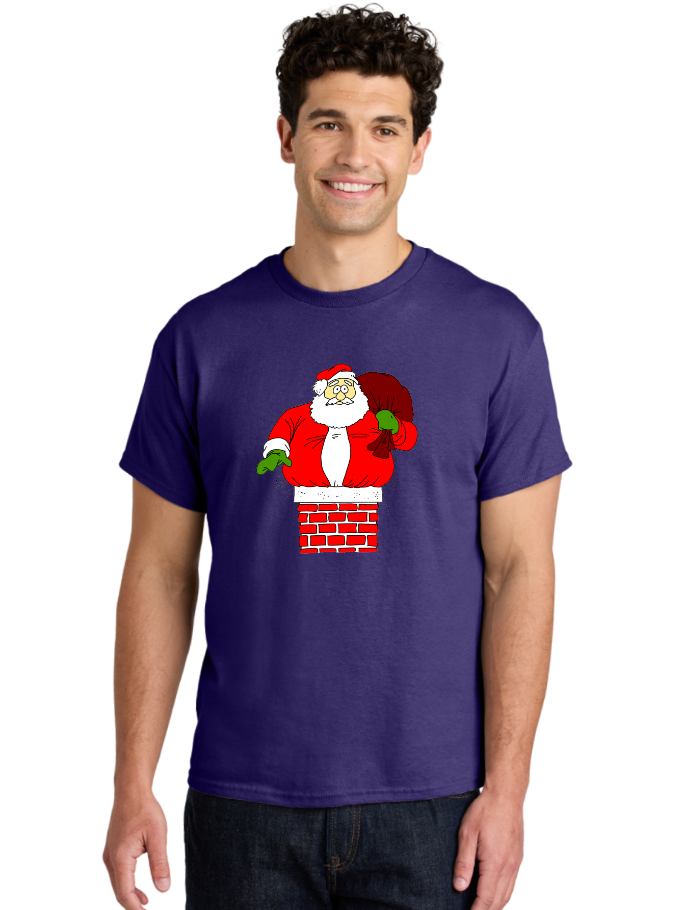 Santa-Claus Men'S Graphic Tee, 100% Cotton, Comfortable Casual Summer Wear, Machine Washable, Santa Claus Emerging From A Chimney, Christmas Magic, Festive Season, Holiday Cheer, Jolly Old Man, Gift Giving, Red Suit, White Beard, -  Aaa118