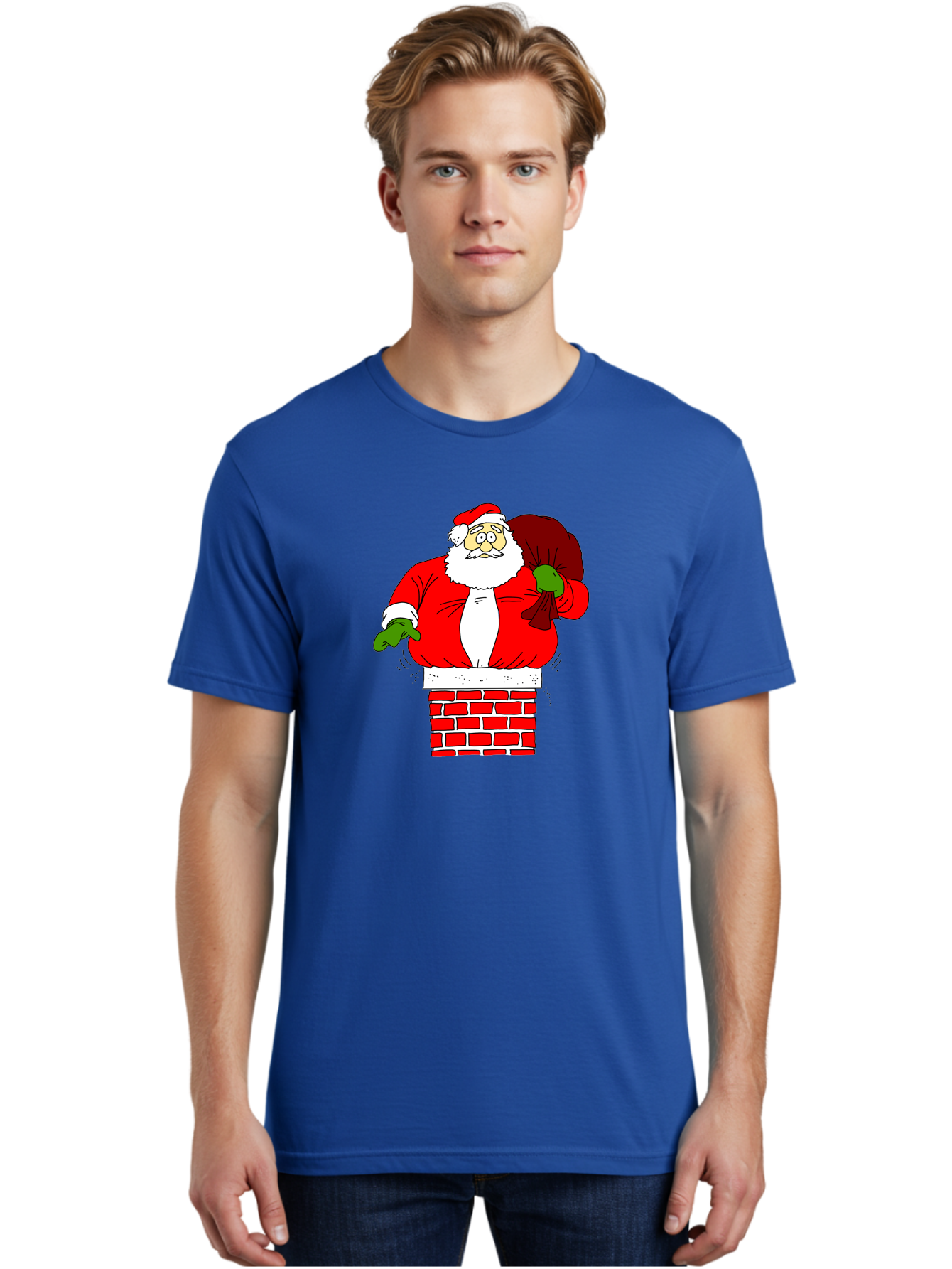 Santa Claus emerging from a chimney, Christmas magic, festive season, holiday cheer, jolly old man, gift giving, red suit, white beard, sack of presents, cartoon illustration