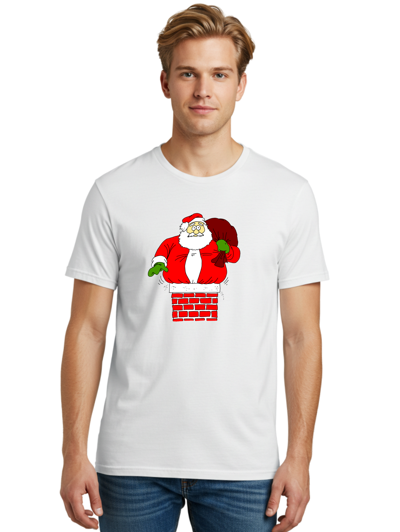 Santa Claus emerging from a chimney, Christmas magic, festive season, holiday cheer, jolly old man, gift giving, red suit, white beard, sack of presents, cartoon illustration