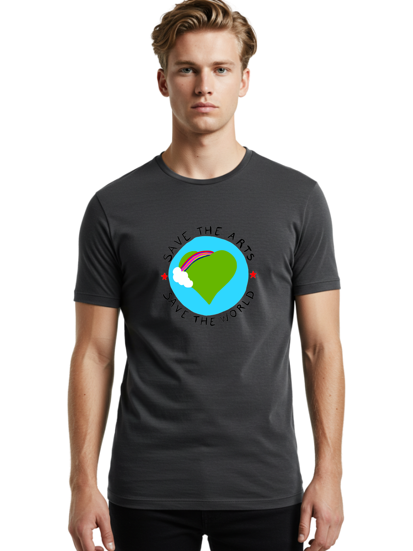 Save-The-Arts-Save-The-World Men'S Graphic Tee, 100% Cotton, Comfortable Casual Summer Wear, Machine Washable, Heart-Shaped Earth, Rainbow, Cloud, Save The Arts, Save The World, Creative Expression, Artistic Activism, -  Aaa120