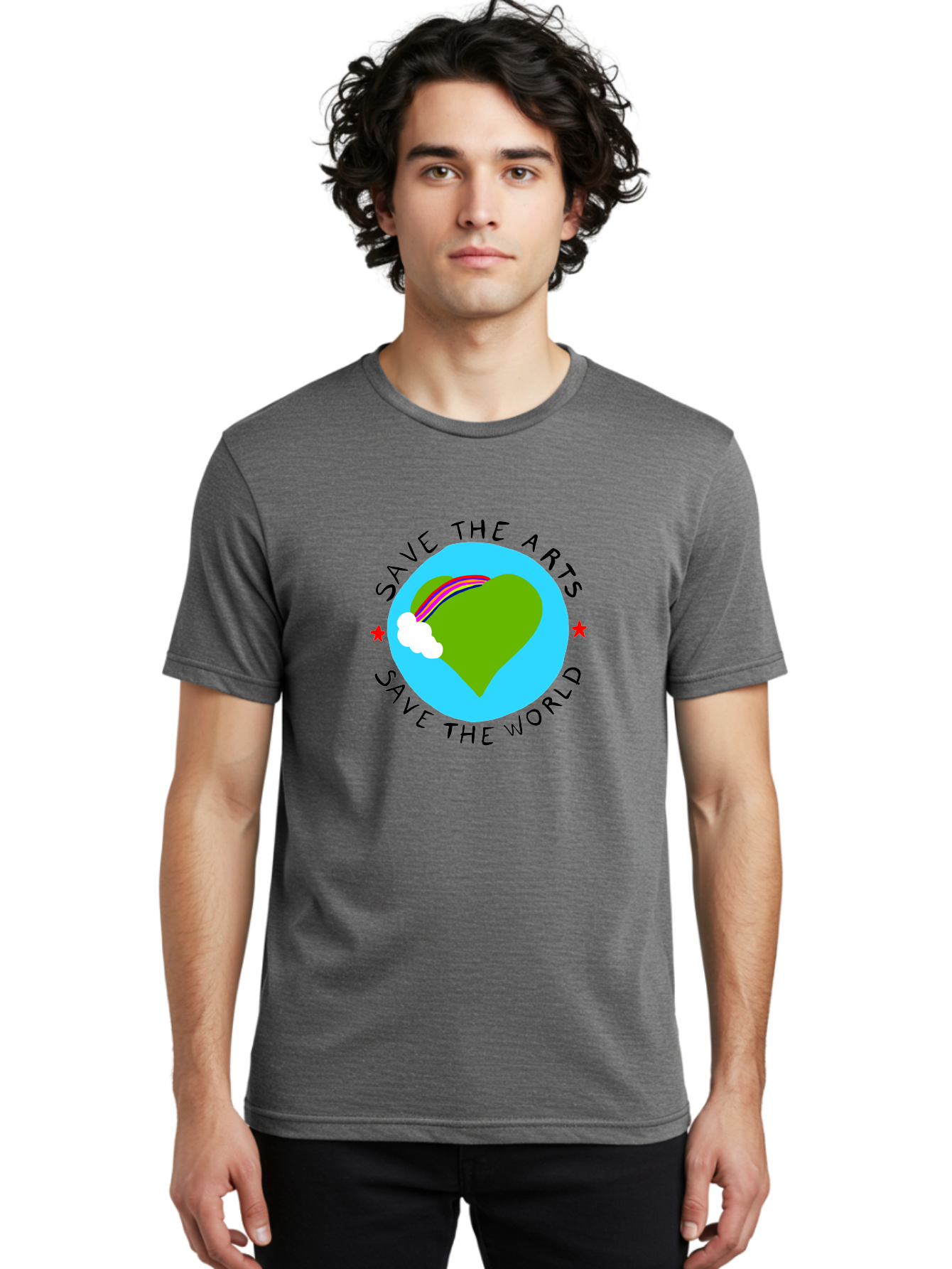 Save-The-Arts-Save-The-World Men'S Graphic Tee, 100% Cotton, Comfortable Casual Summer Wear, Machine Washable, Heart-Shaped Earth, Rainbow, Cloud, Save The Arts, Save The World, Creative Expression, Artistic Activism, -  Aaa120